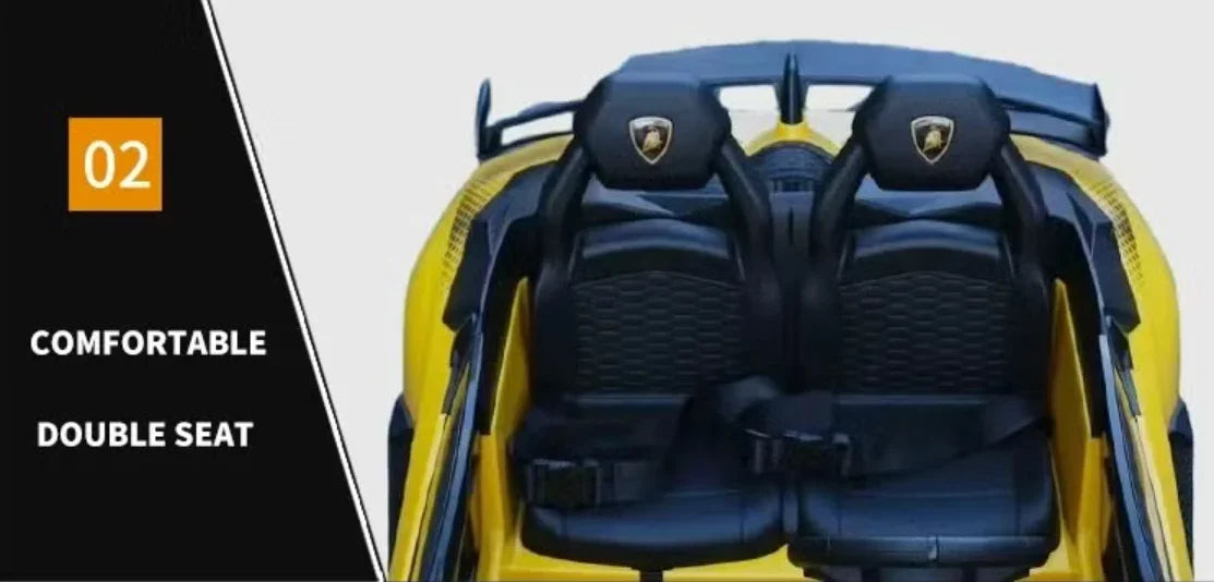 Yellow Lamborghini toy car with comfortable double seat, black interior, and seat belts