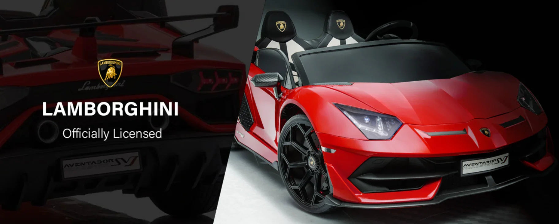 Red officially licensed Lamborghini Aventador SV ride-on toy car with black accents on dark background.