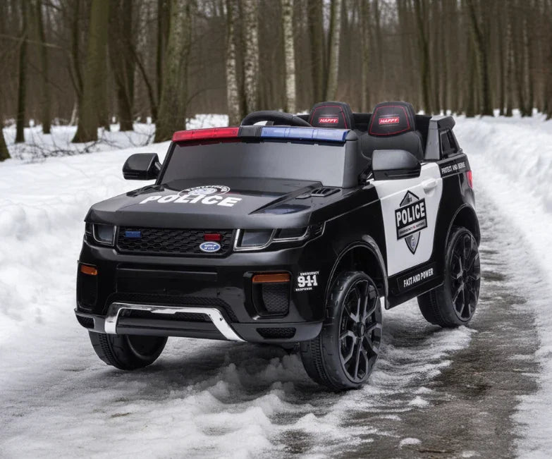 Kids electric ride-on police car SUV on snowy forest road, black and white toy vehicle