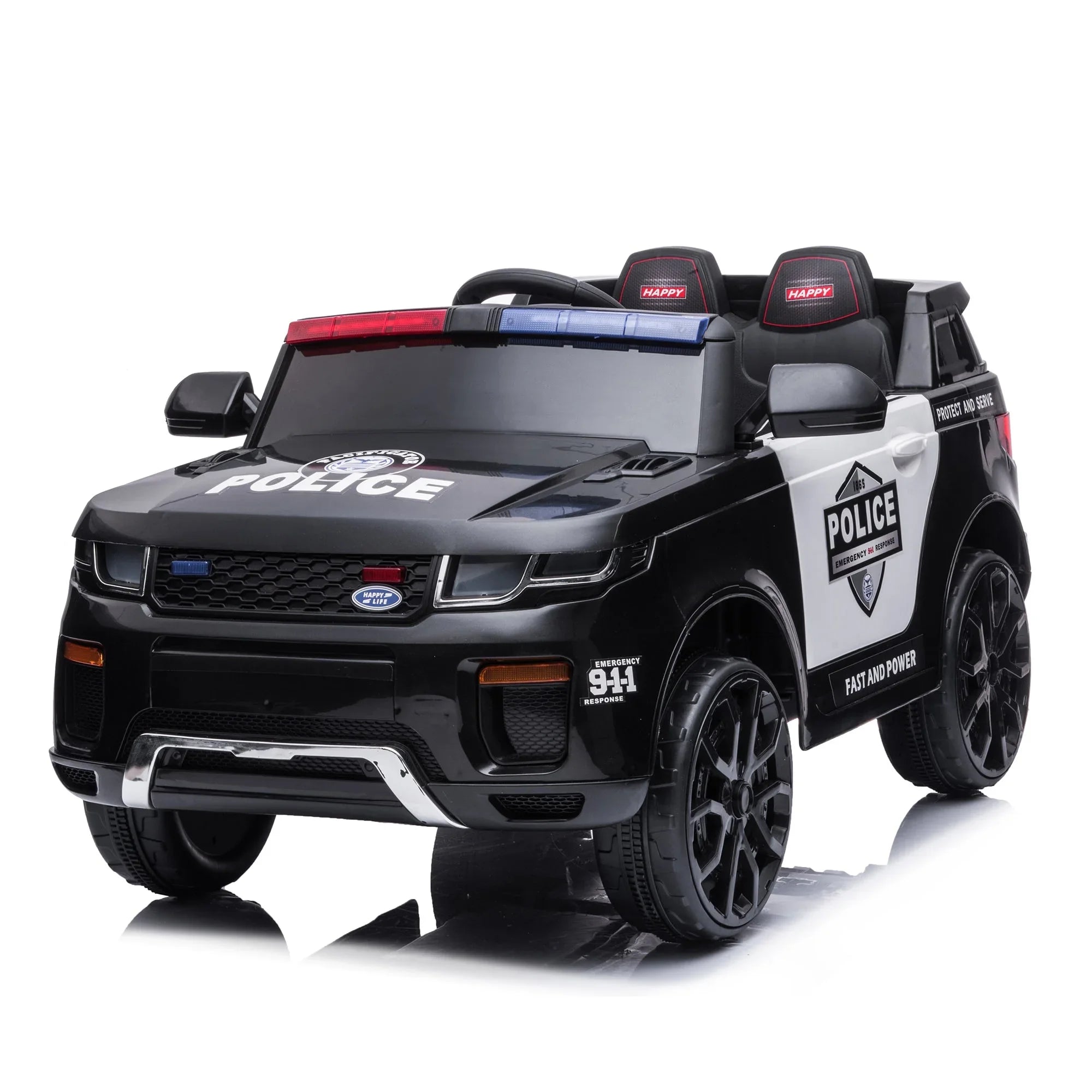 Black and white kids ride-on police car toy with emergency lights and police decals