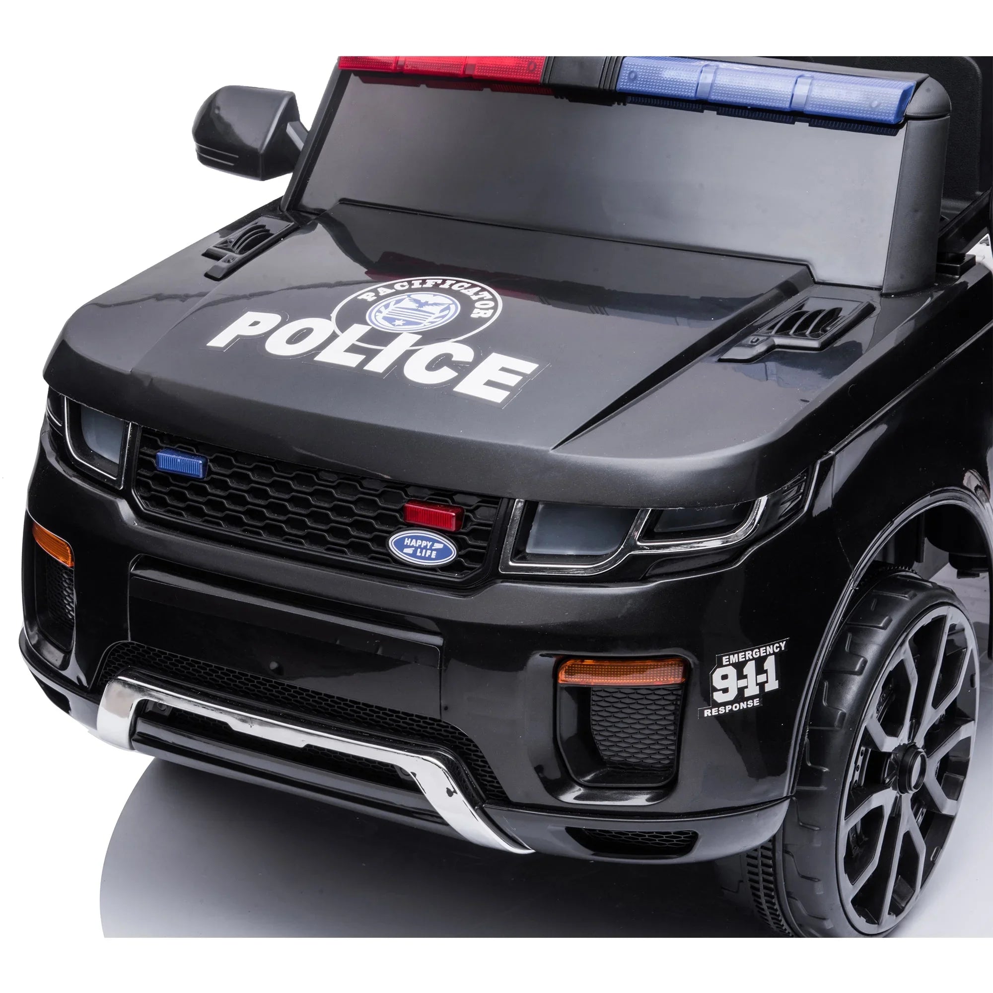 Black toy police car front with POLICE text, emergency 911 response, and red-blue lights