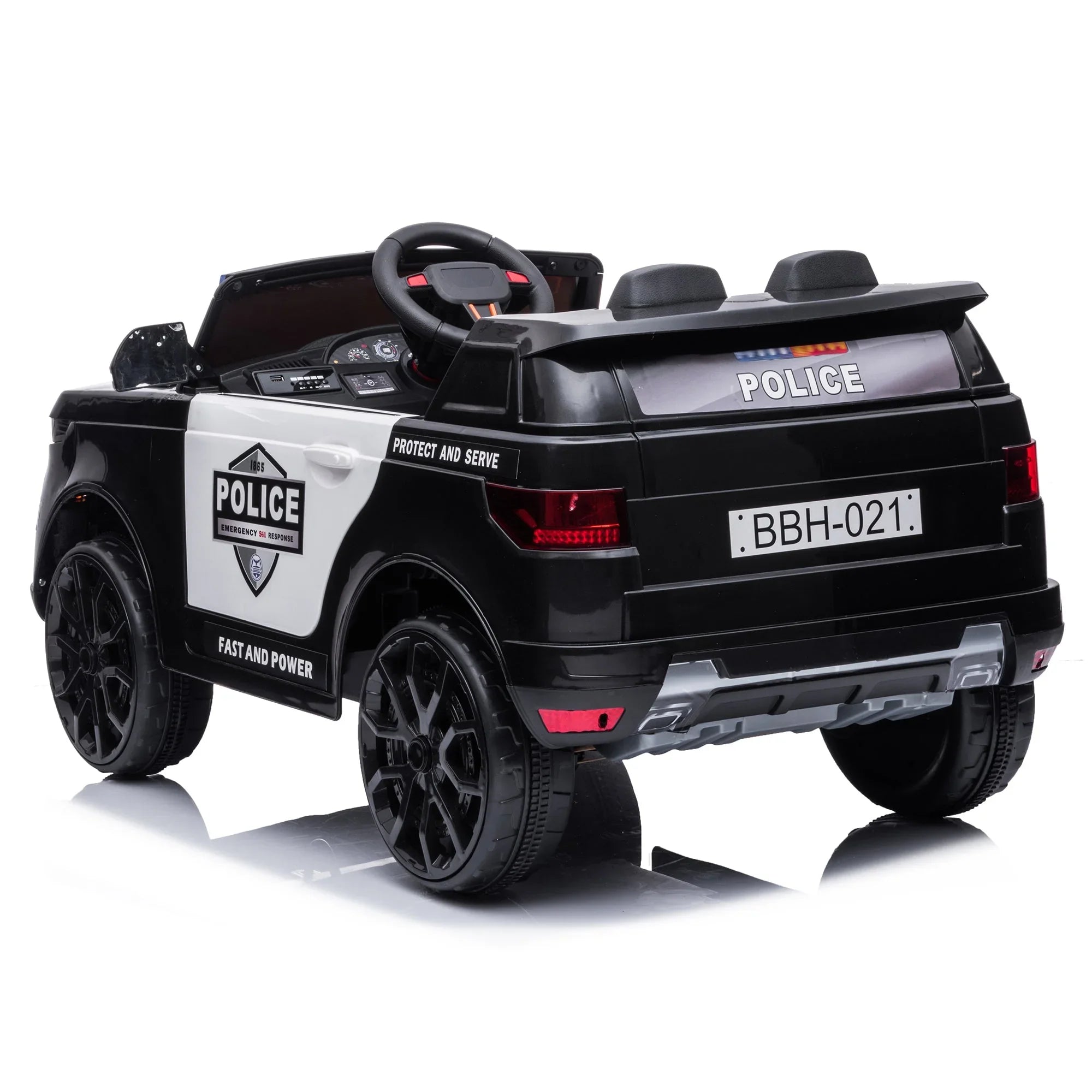 Black and white ride-on toy police car for kids with realistic details and BBH-021 plate