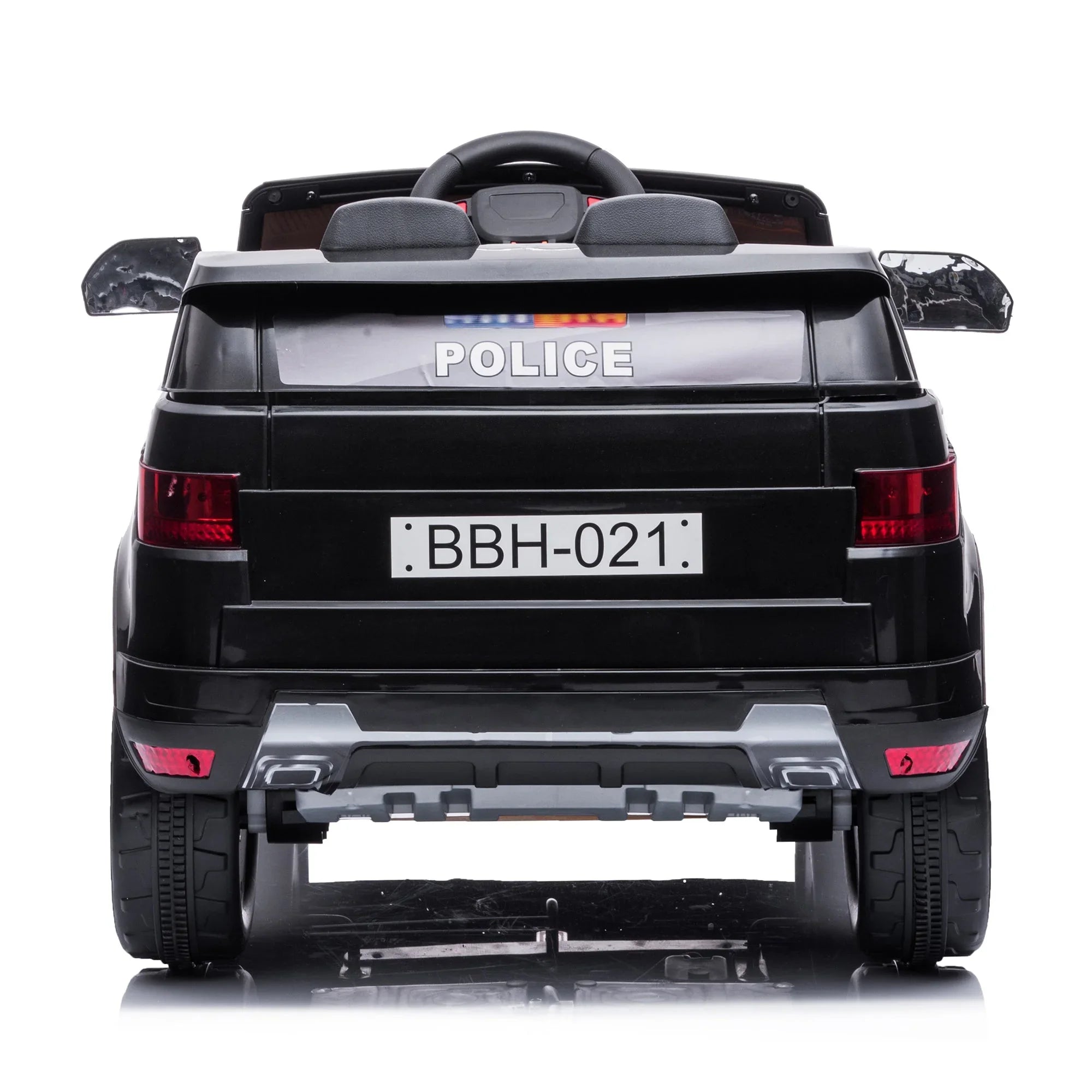 Rear view of black kids' electric police car toy with BBH-021 license plate