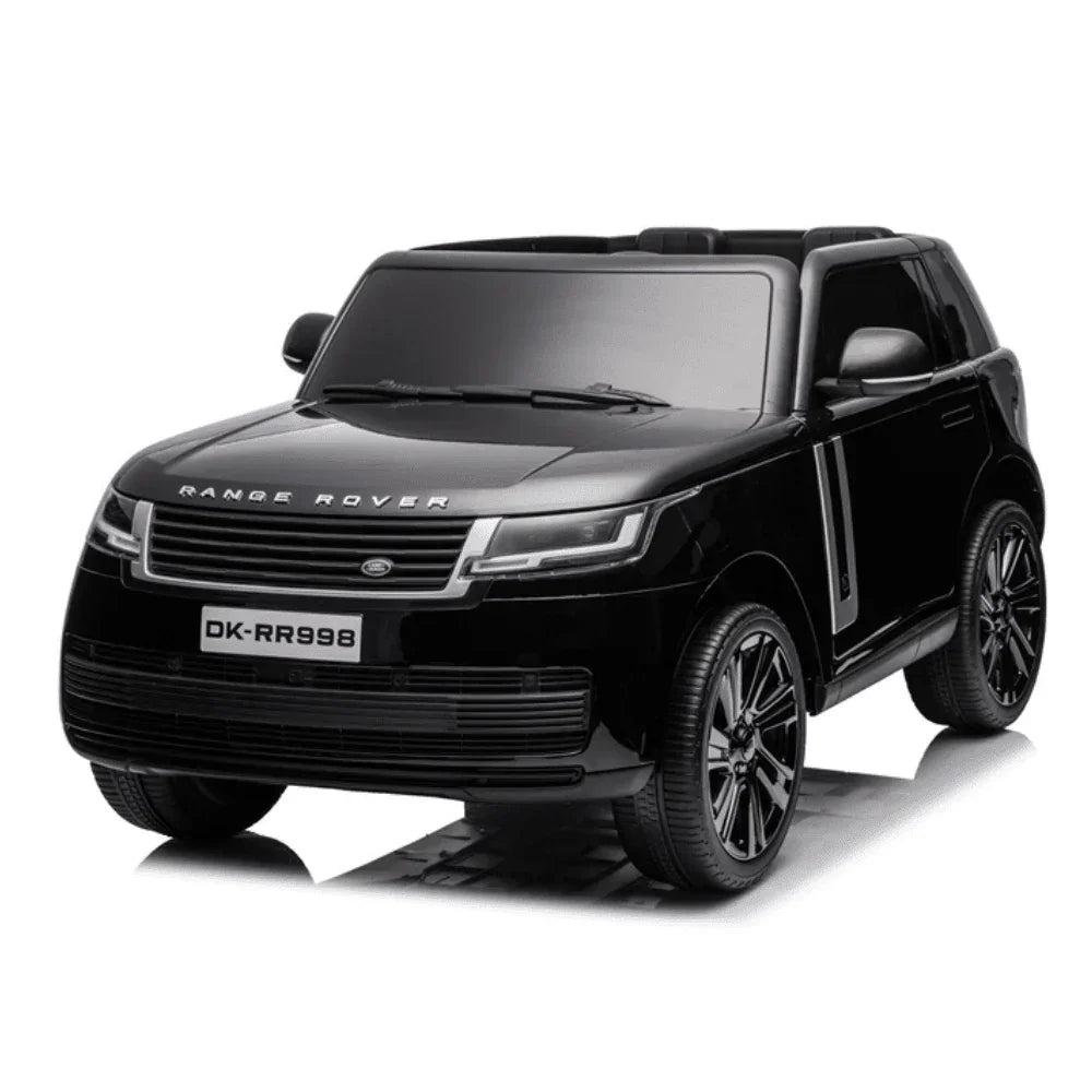 Black Range Rover ride-on toy car with detailed wheels and front grille on white background