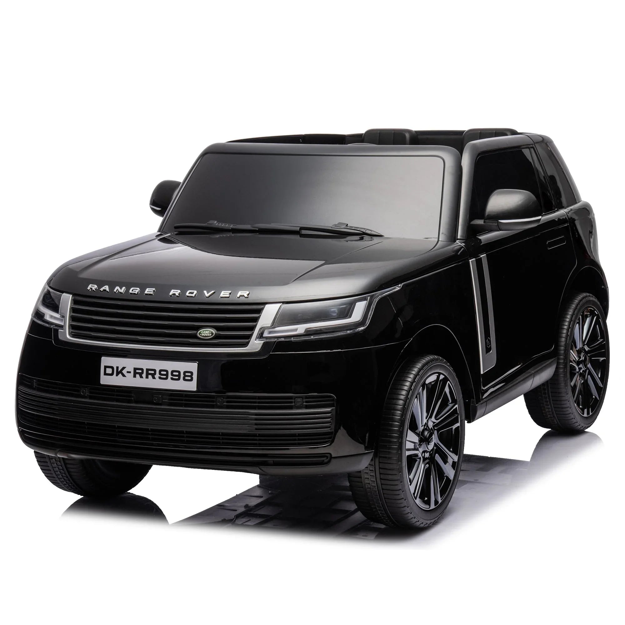Black kids ride-on Range Rover electric toy car with realistic details, studio background