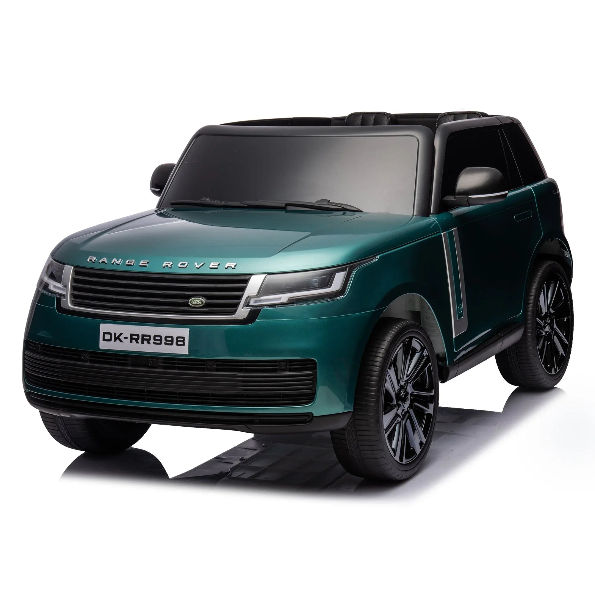 Green kids' electric ride-on car styled like a Range Rover, shown on white background
