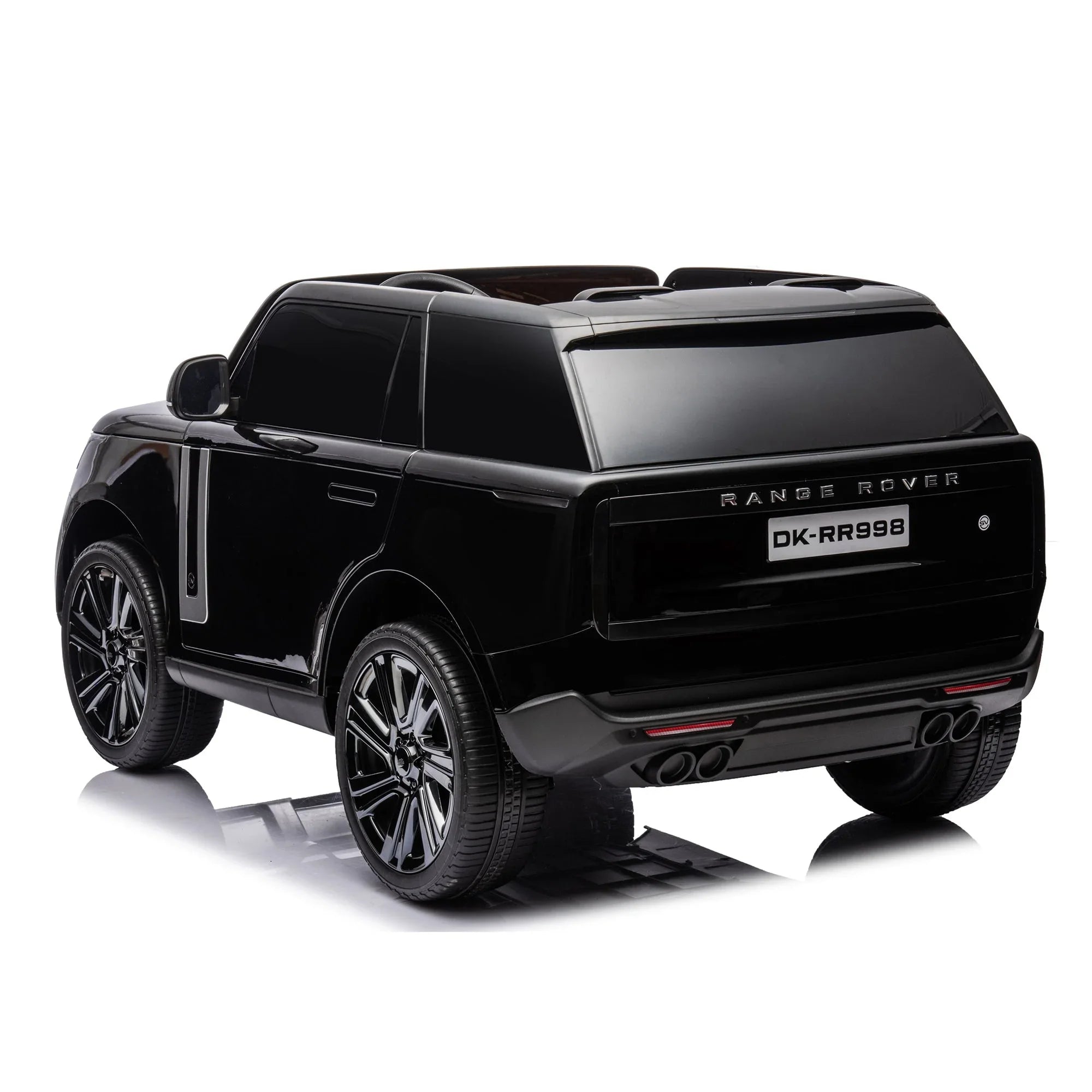 Black Range Rover electric toy car for kids, rear view on white background