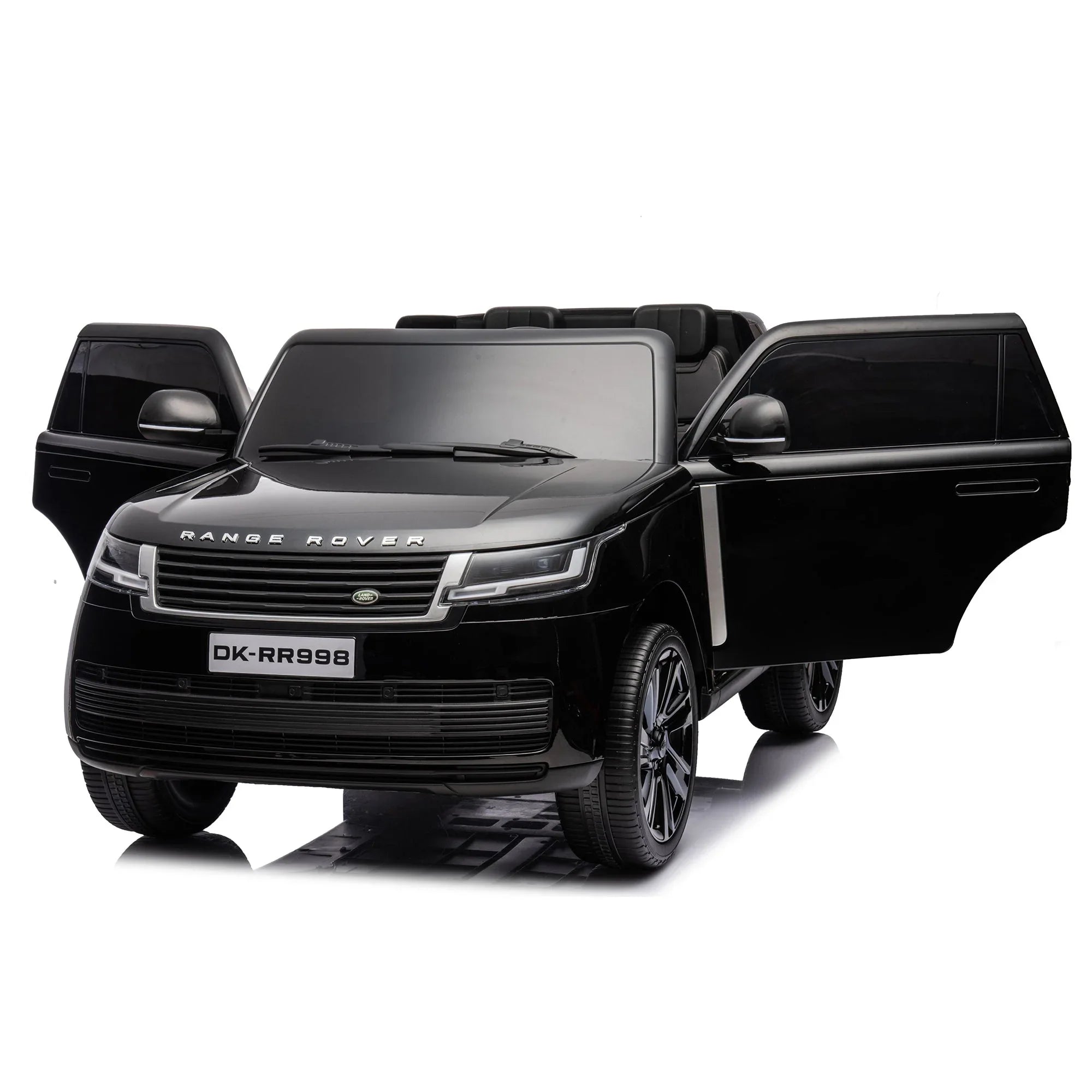 Black kids ride-on Range Rover electric car with both doors open, front view on white background