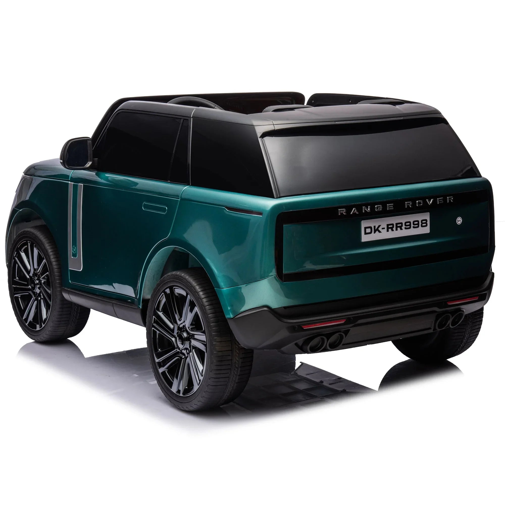 Green toy Range Rover car rear view with black wheels and tinted windows on white background