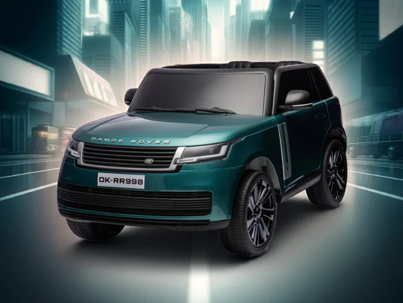 Green kids' Range Rover electric ride-on car on futuristic city street