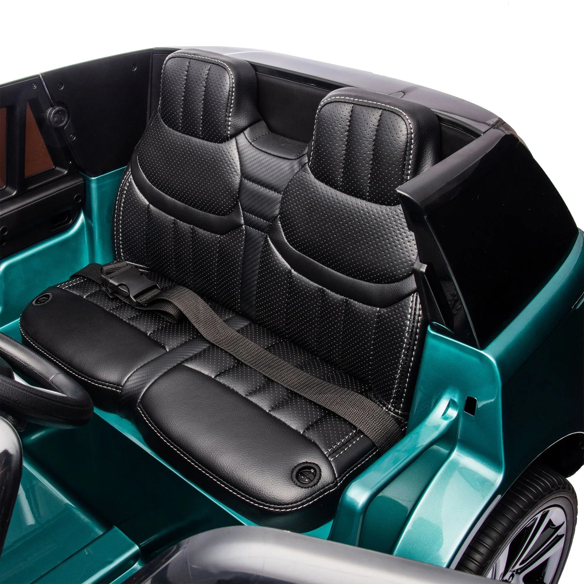 Black leather seat with seatbelt in teal kids electric ride-on car interior