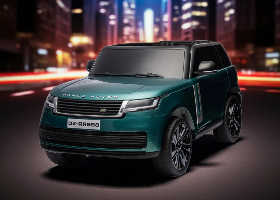 Green Range Rover toy car with DK-RR998 plate on city street at night