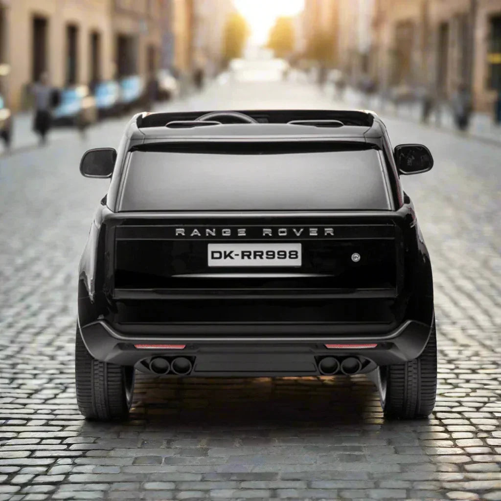 Black Range Rover DK-RR998 rear view on cobblestone street in urban setting