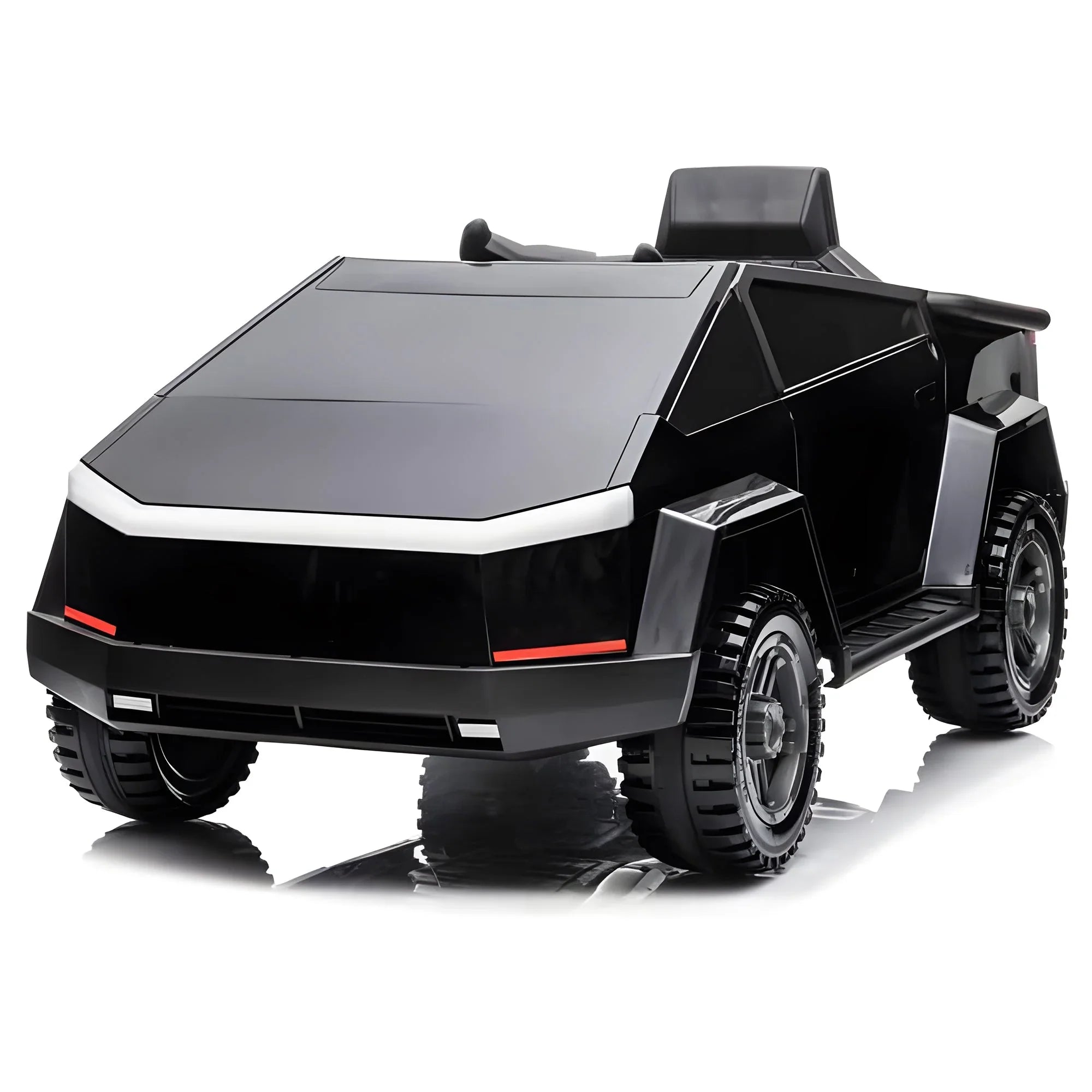 Black kids ride-on car with futuristic design and chunky tires on white background