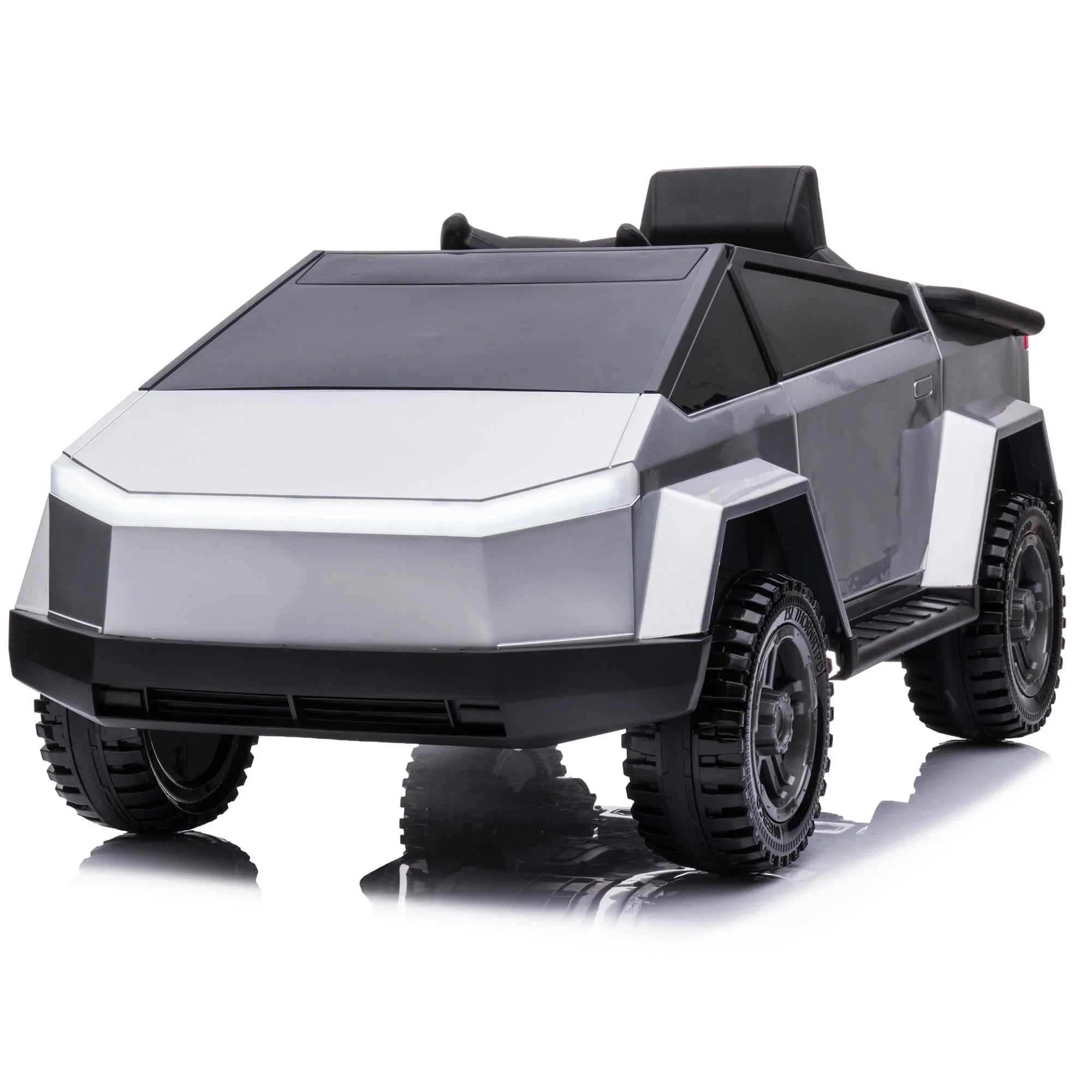 Silver toy truck with black wheels, angular design, futuristic kids electric ride-on car