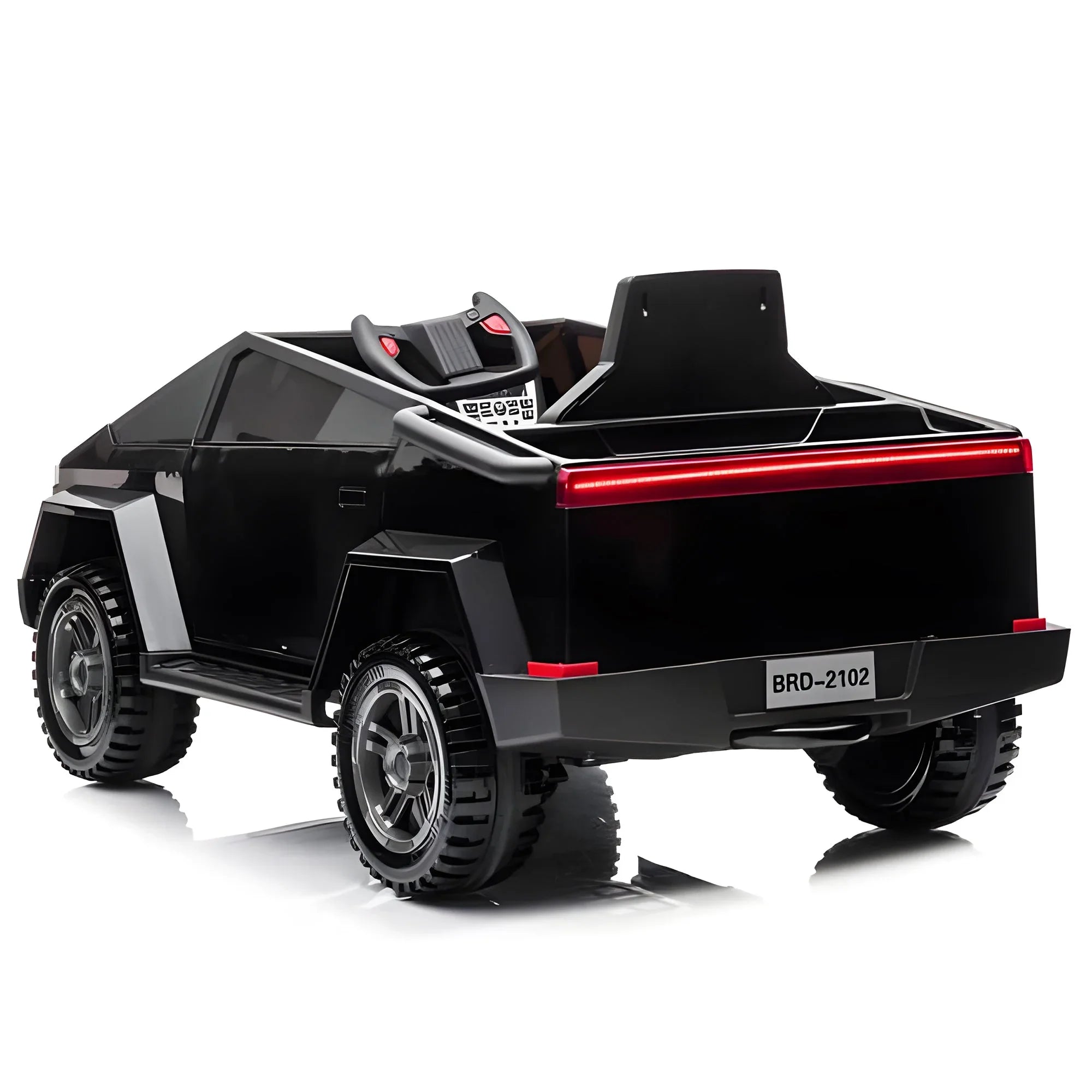 Black ride-on toy truck with futuristic angular design and LED rear light, model BRD-2102
