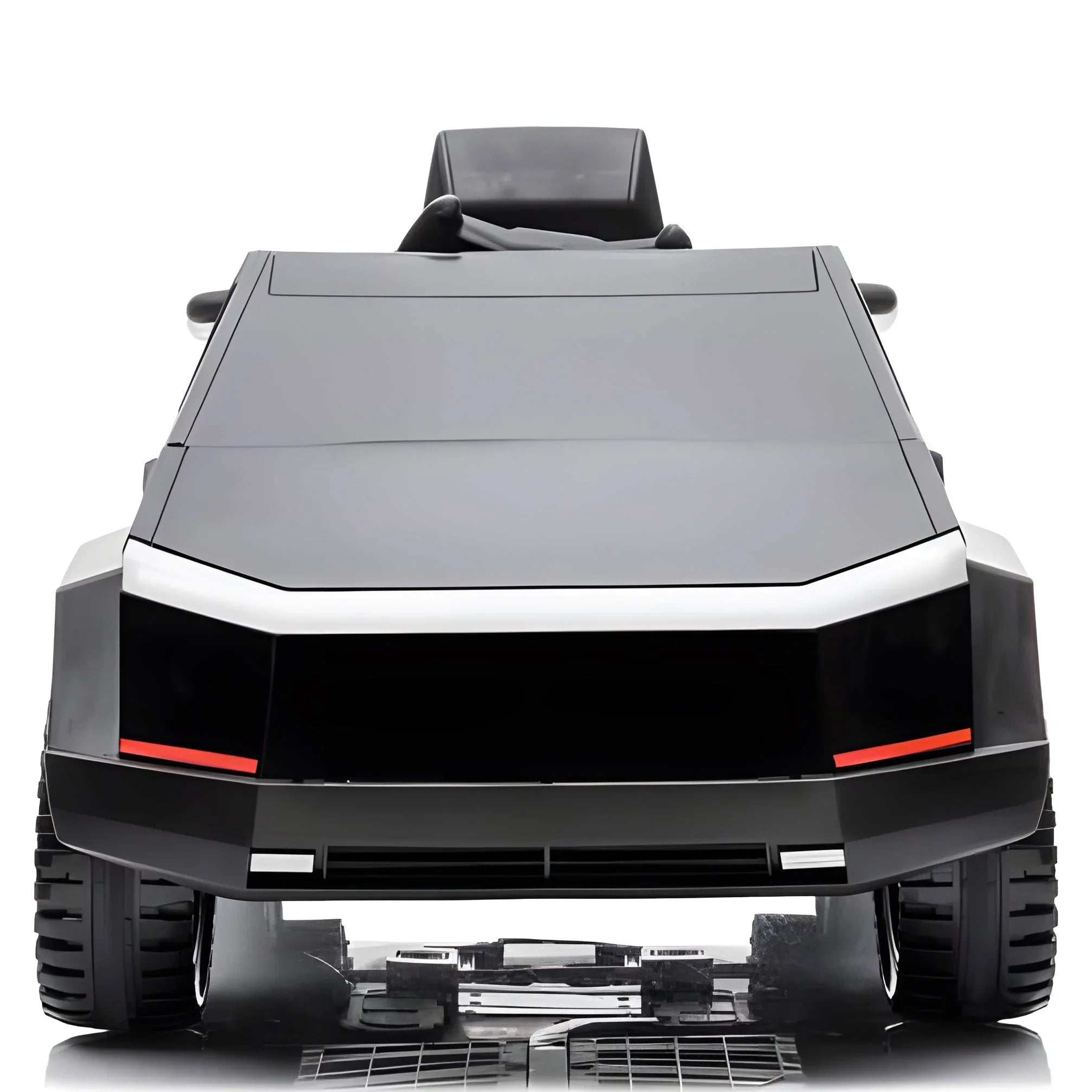 Front view of black electric toy car with angular design on a white background