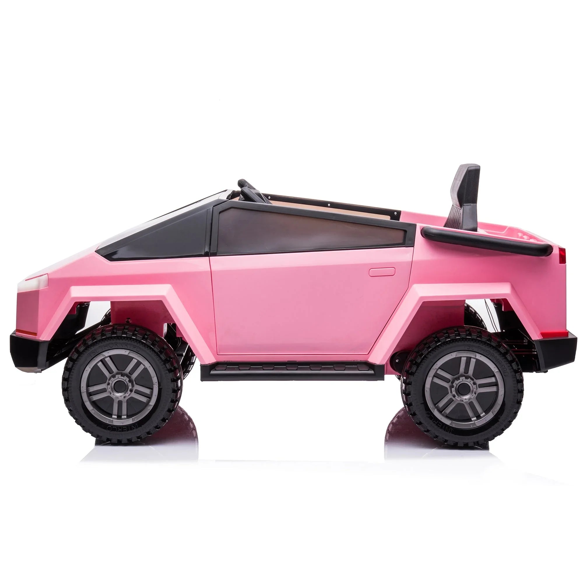 Pink toy car with Cybertruck design and black wheels on white background