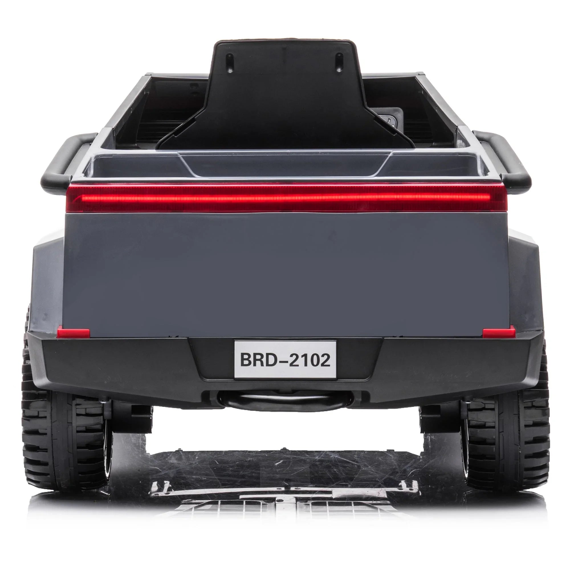 rear view of toy electric truck with wide tires and red LED tail light, labeled BRD-2102