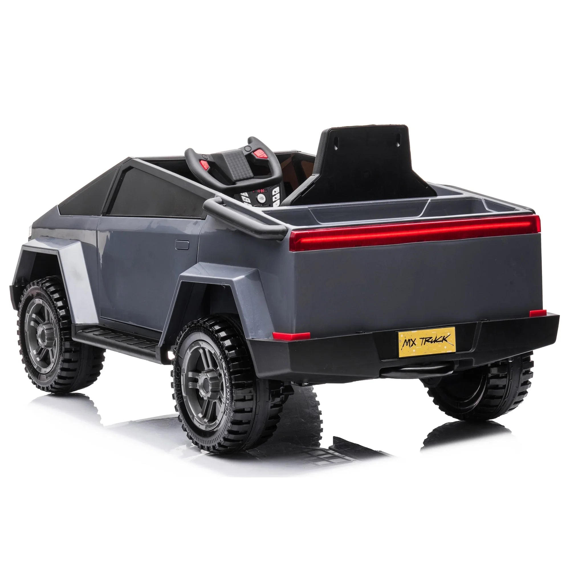 Kids electric ride-on car, gray, off-road wheels, cyber truck style, rear view