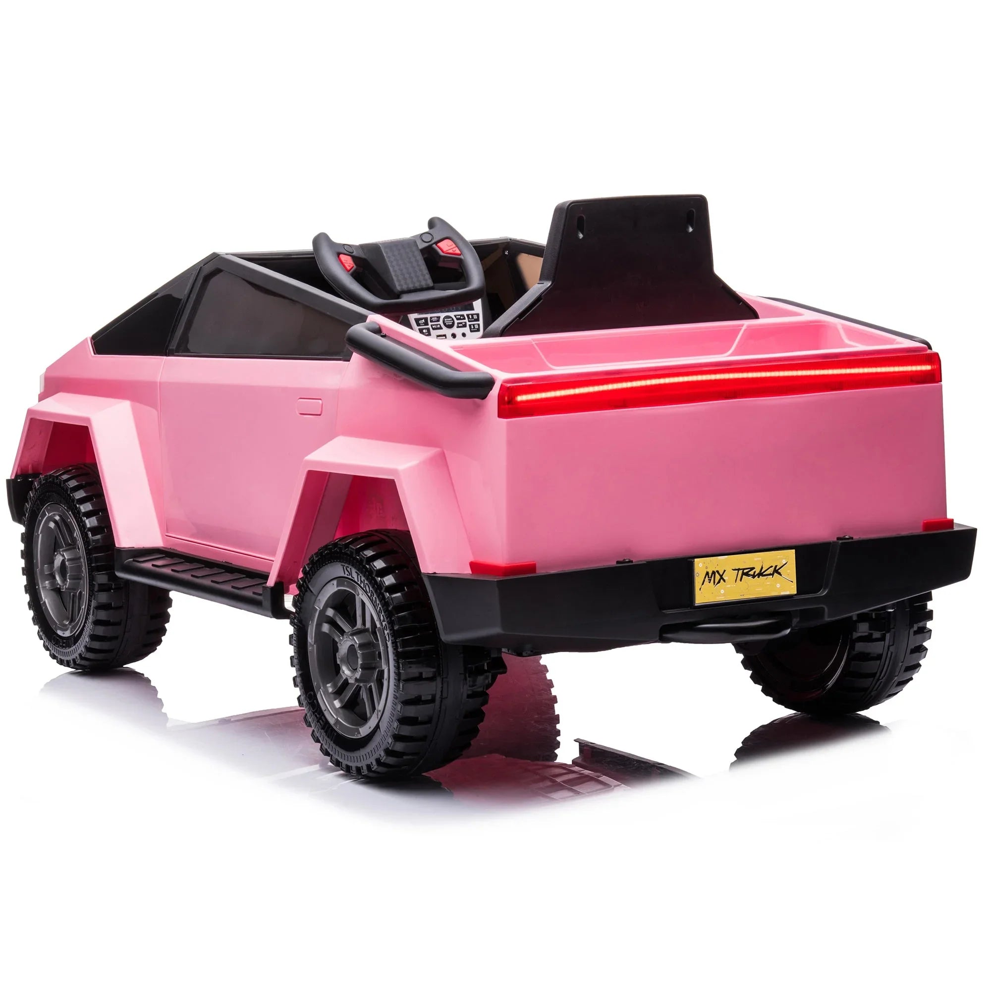 Pink ride-on toy truck for kids with black wheels and rear red LED light bar