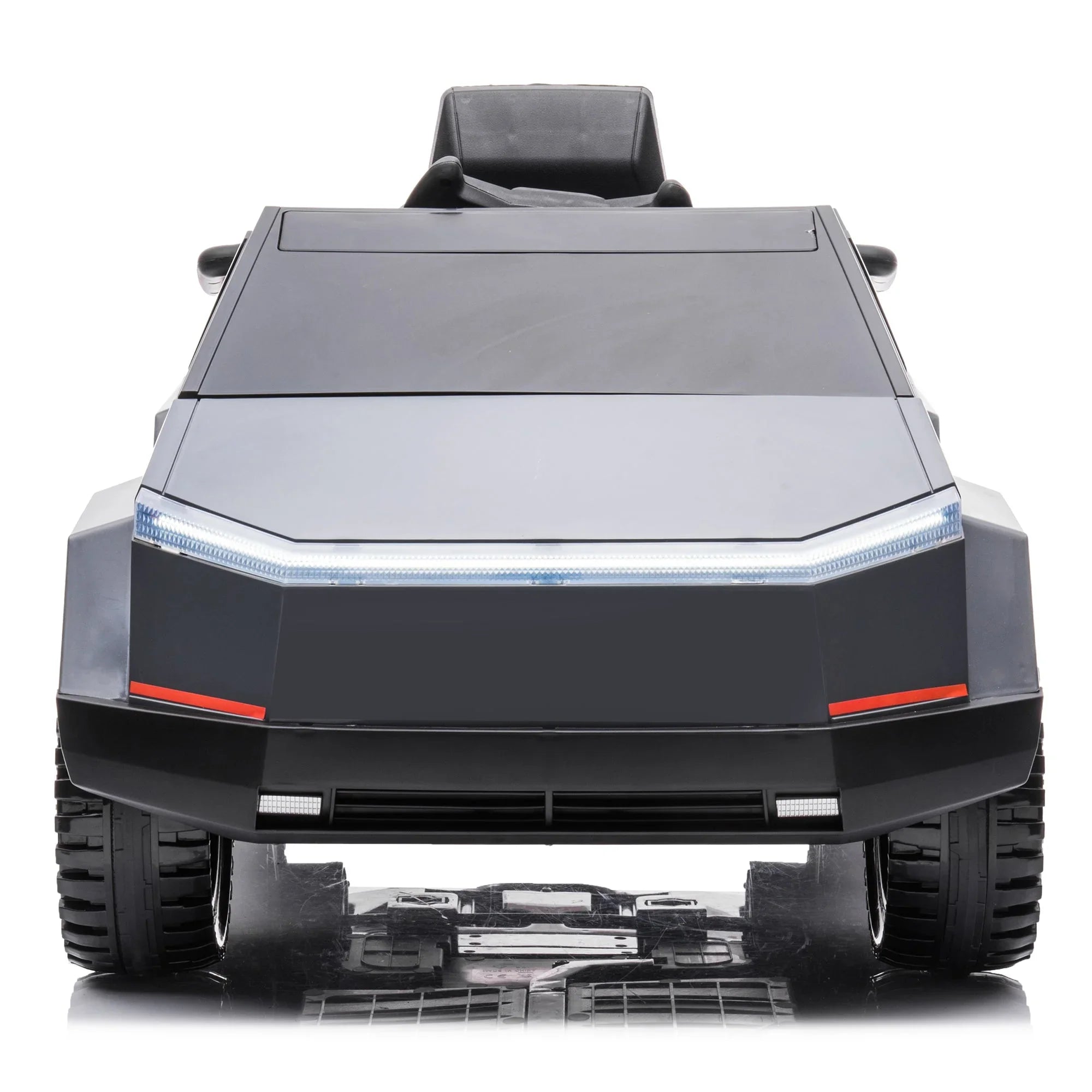Front view of a toy electric Cybertruck ride-on car with LED lights and black wheels