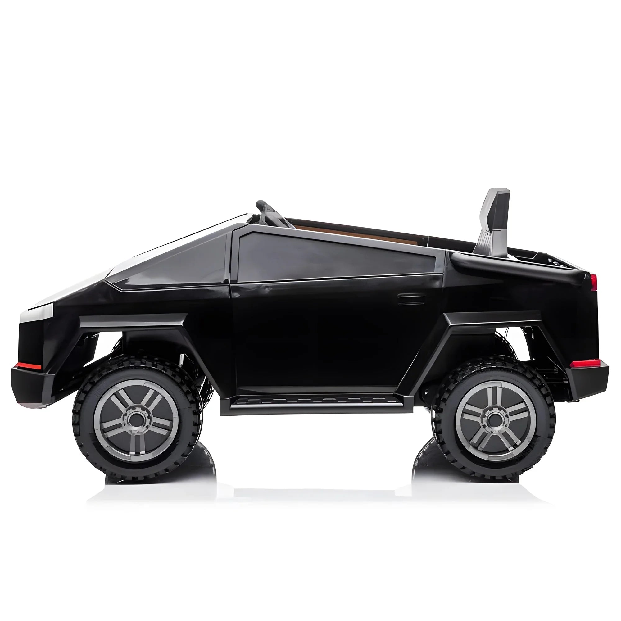 Black toy electric ride-on truck for kids with rugged wheels and modern angular design