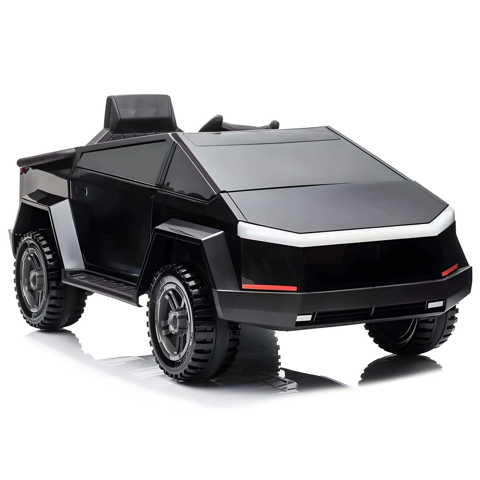 Black electric kids ride-on car with futuristic truck design and rugged wheels on white background