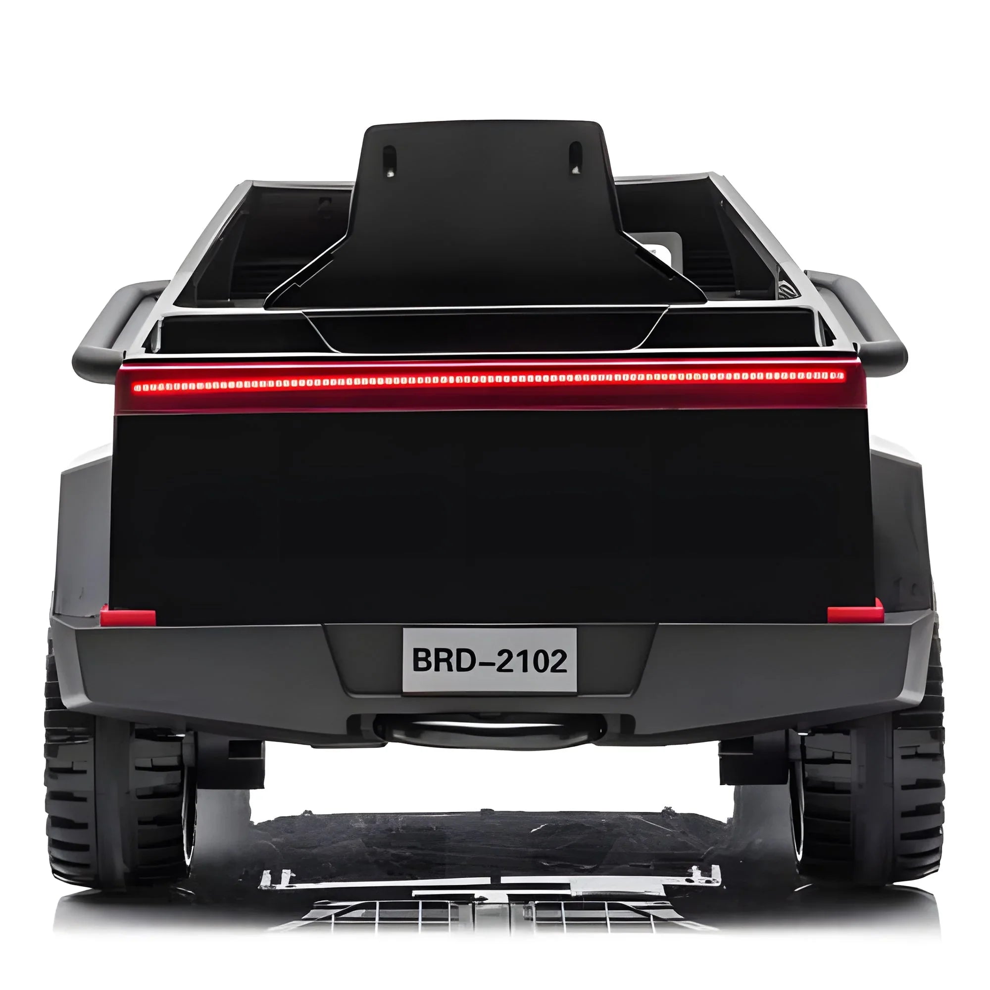 Rear view of a black toy electric truck with LED tail light and BRD-2102 license plate