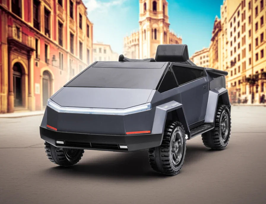 Futuristic electric toy car resembling a truck in a city street, urban background