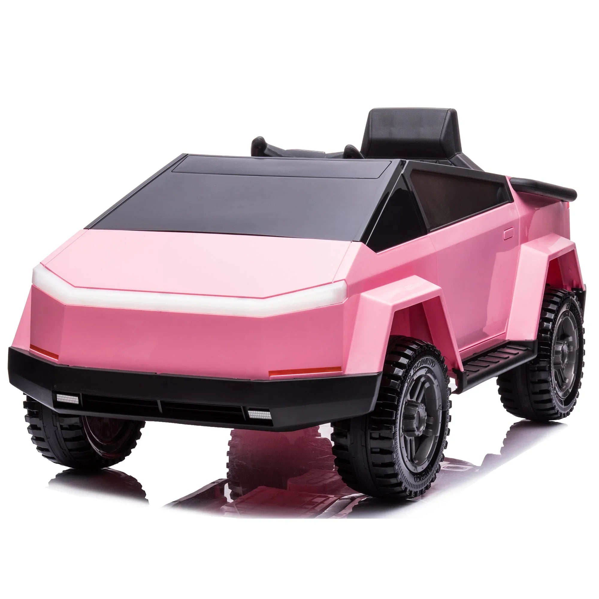Pink kids electric ride-on truck with black wheels and a modern, angular design