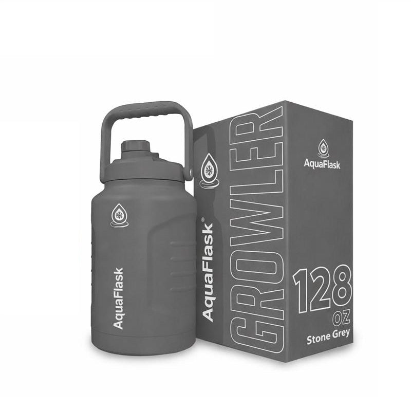 AquaFlask 128 oz stone grey growler jug with handle and matching box for outdoor use