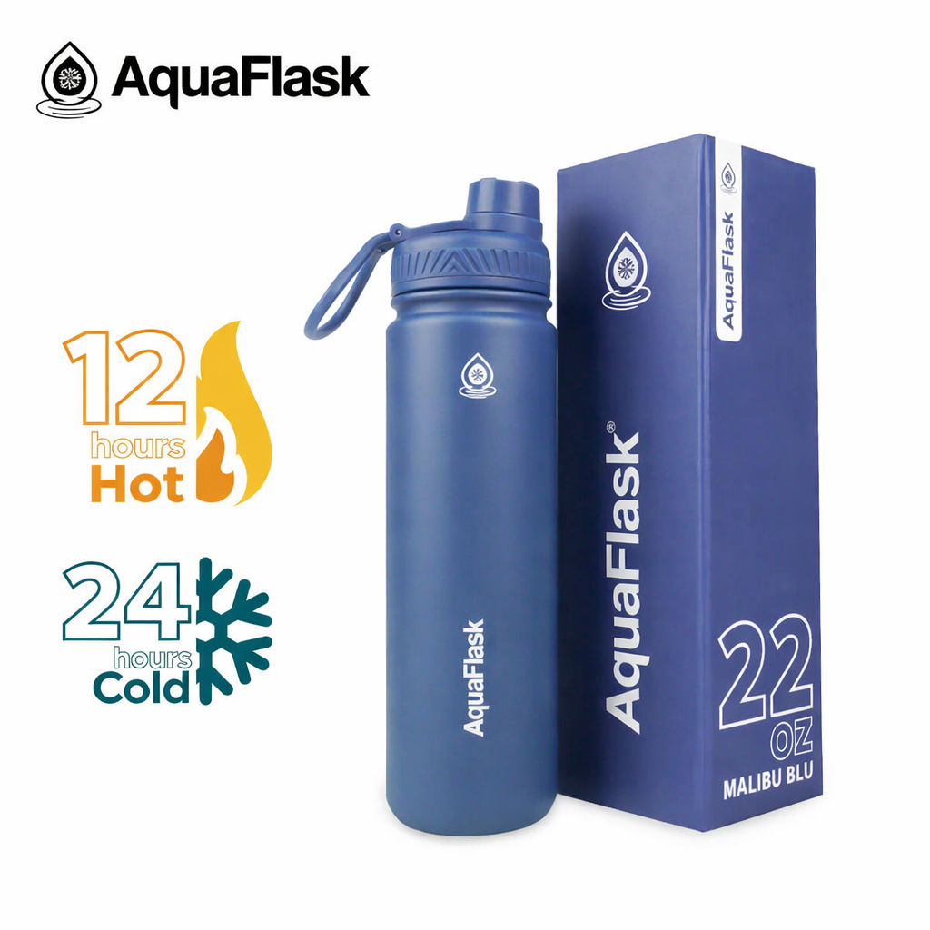 Blue 22oz insulated water bottle and box, keeps drinks hot 12 hours or cold 24 hours.
