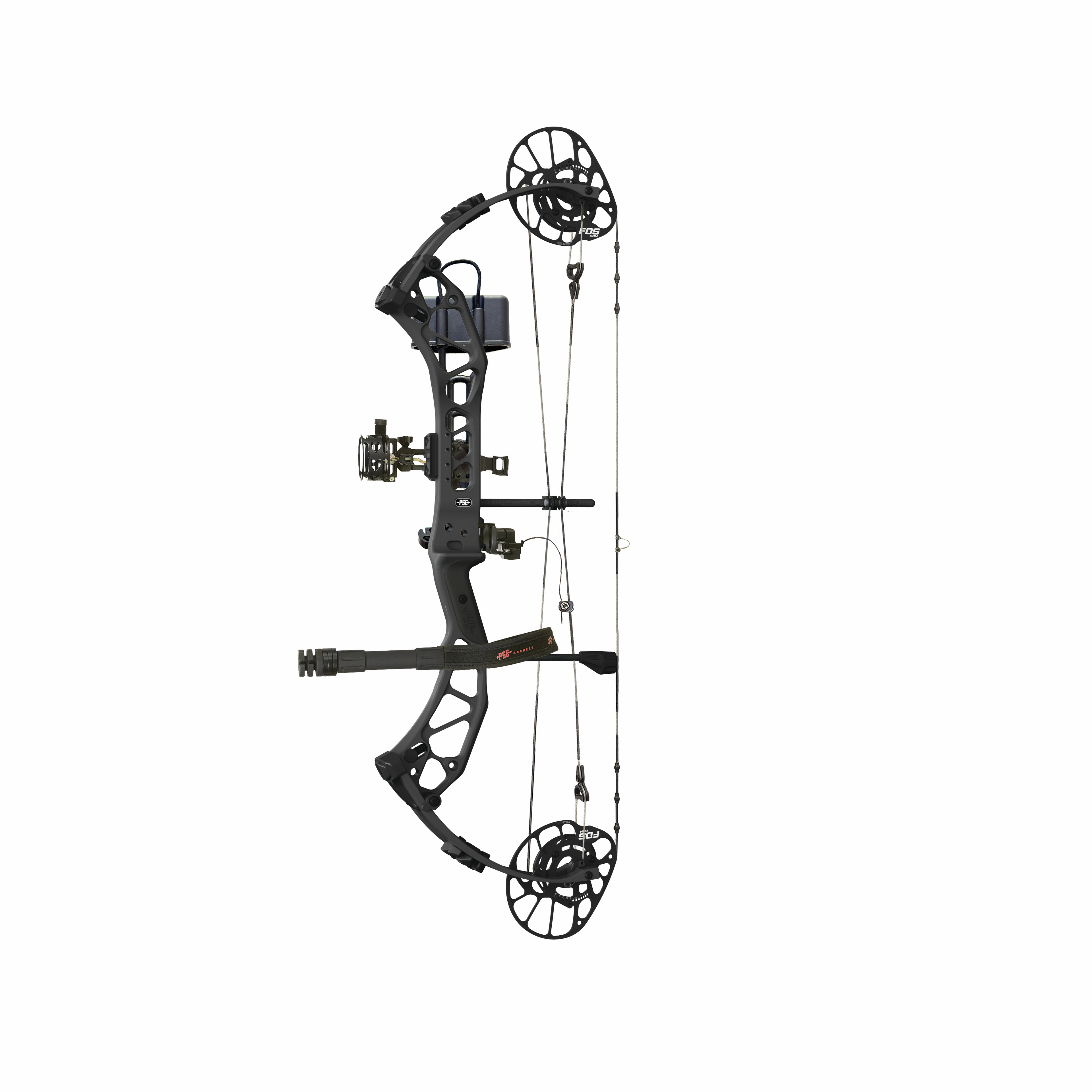 Black compound bow with dual cams and mounted stabilizer for archery or hunting