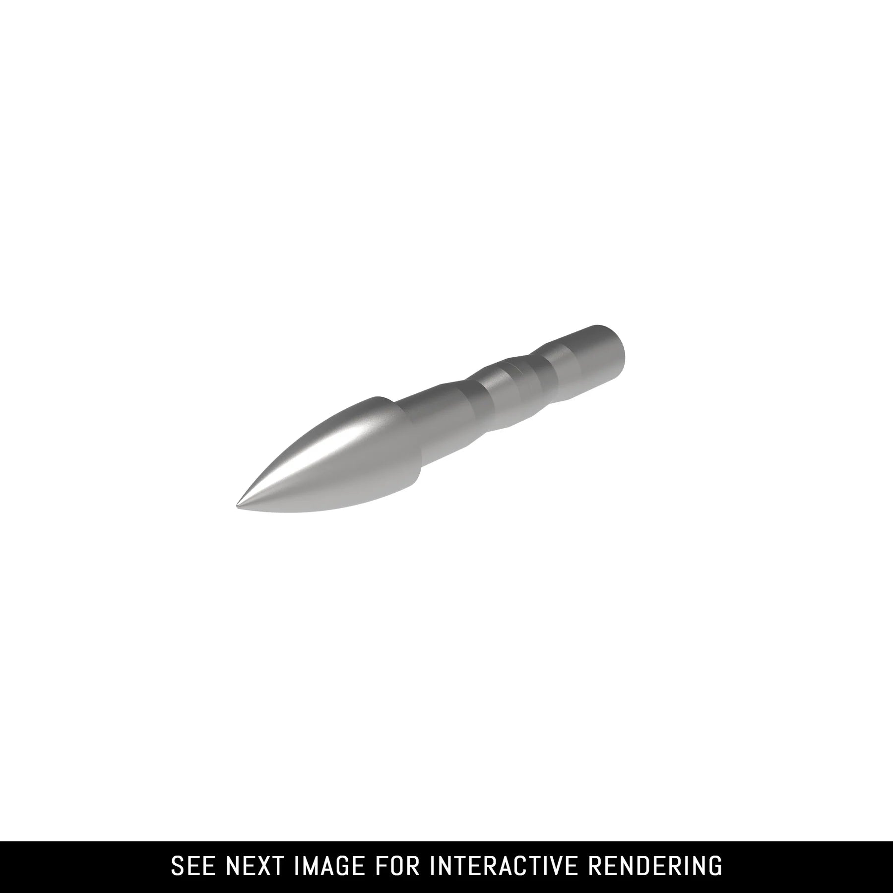 Silver practice arrow point for archery, conical tip, smooth shaft on white background