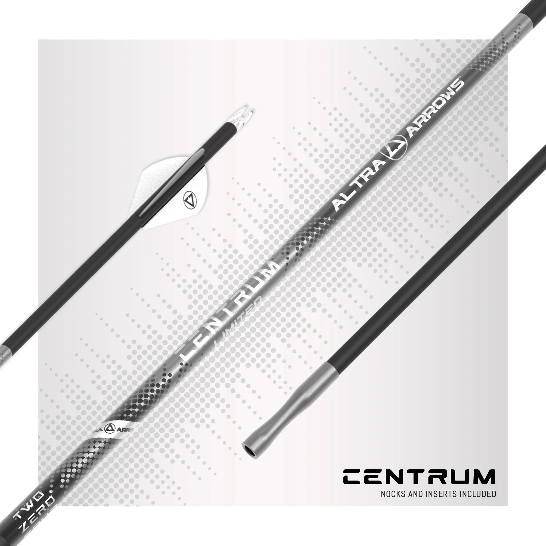 Carbon arrow shaft with silver fletching, labeled Altra Arrows Centrum, for archery.