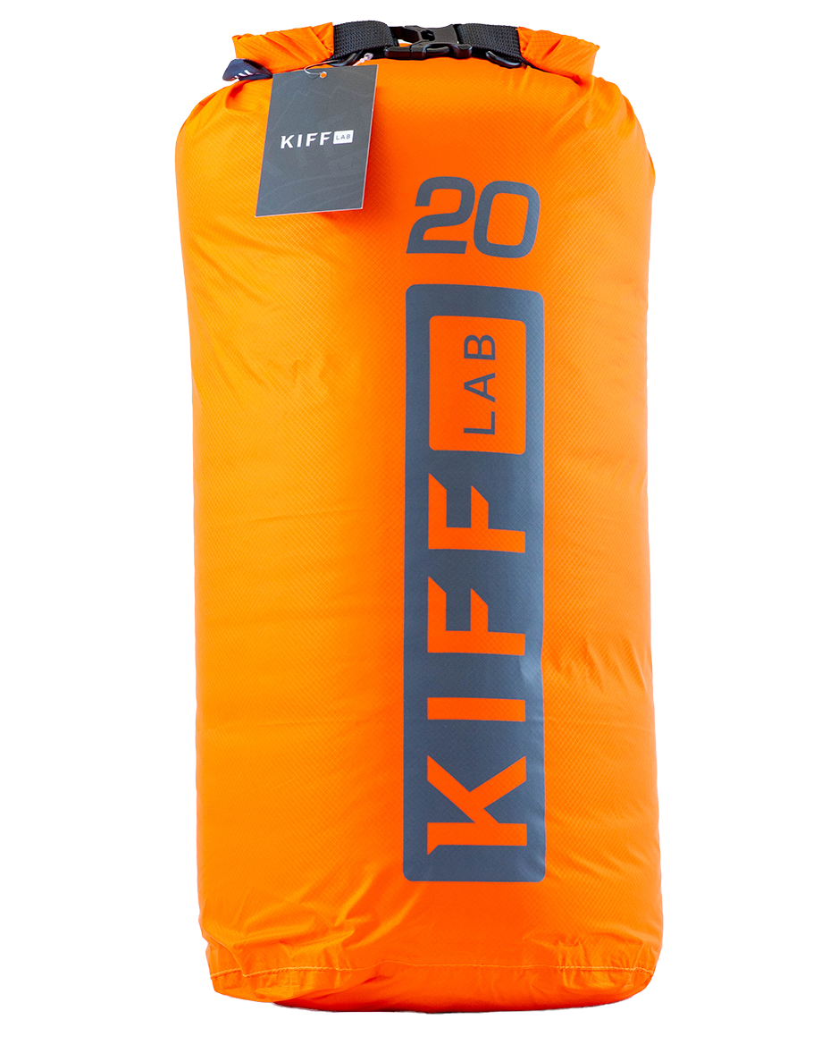 Orange 20L dry bag with black roll-top closure, ideal for camping and outdoor activities