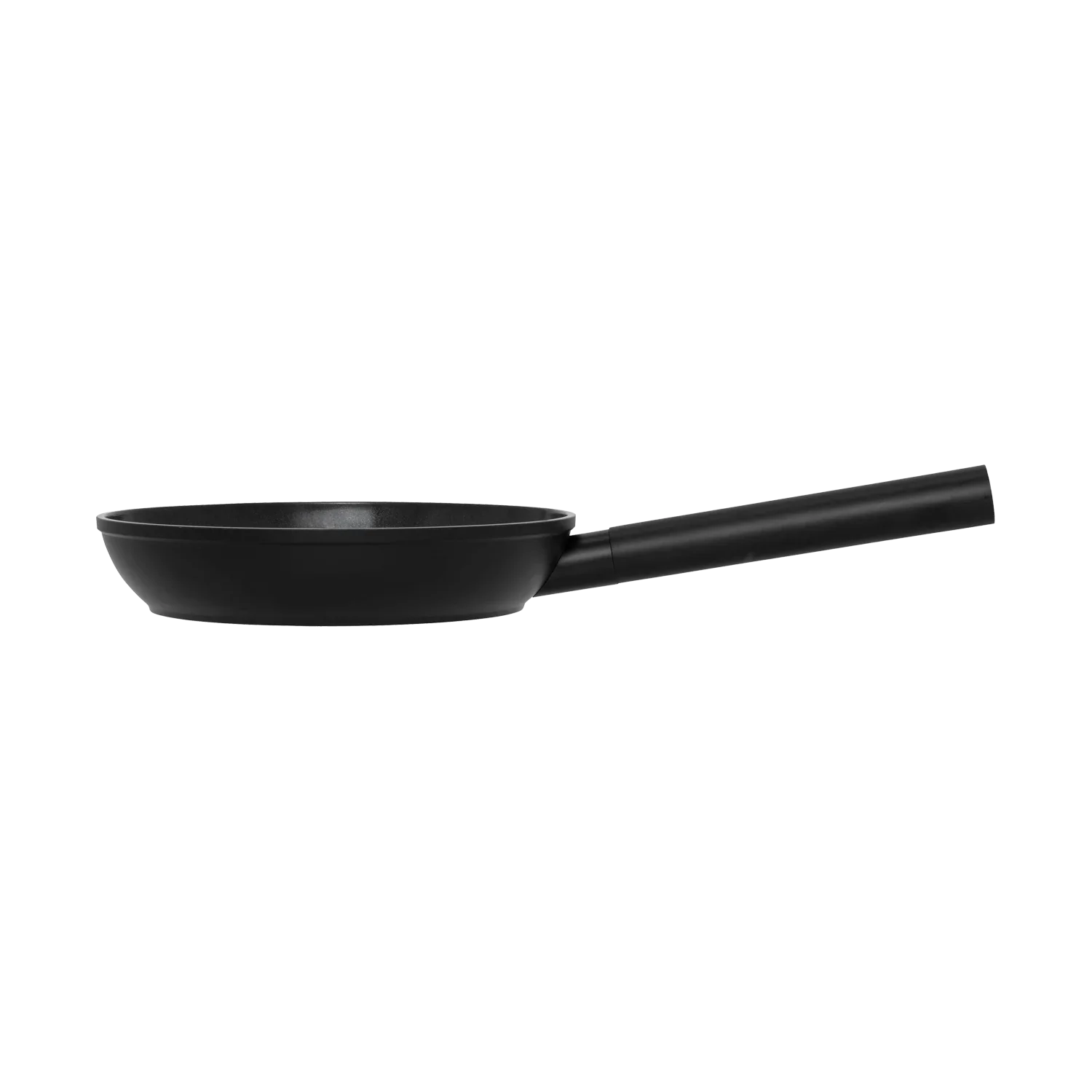 Black non-stick camping frying pan with long handle, side view on white background