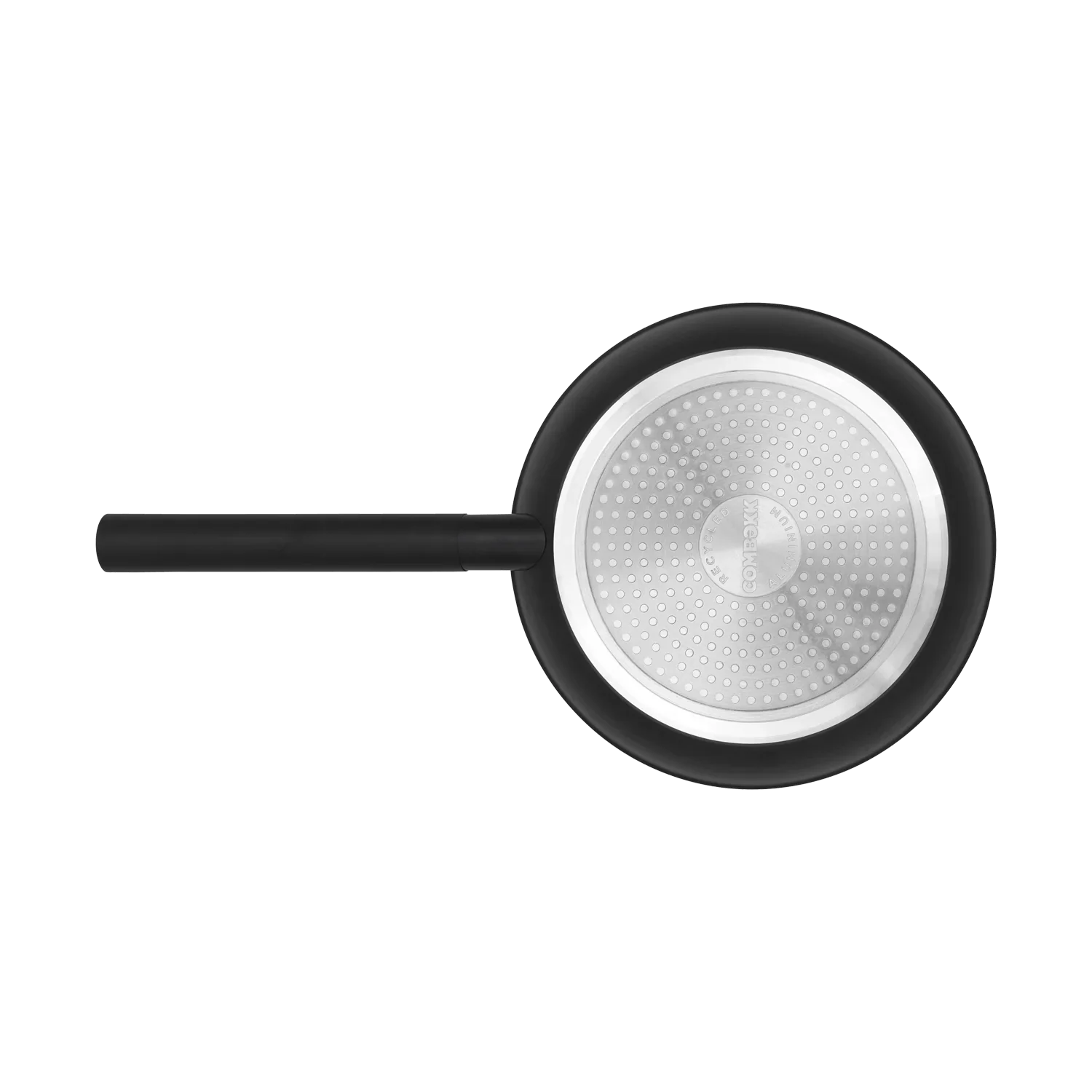 Non-stick camping frying pan with black handle, viewed from above on white background