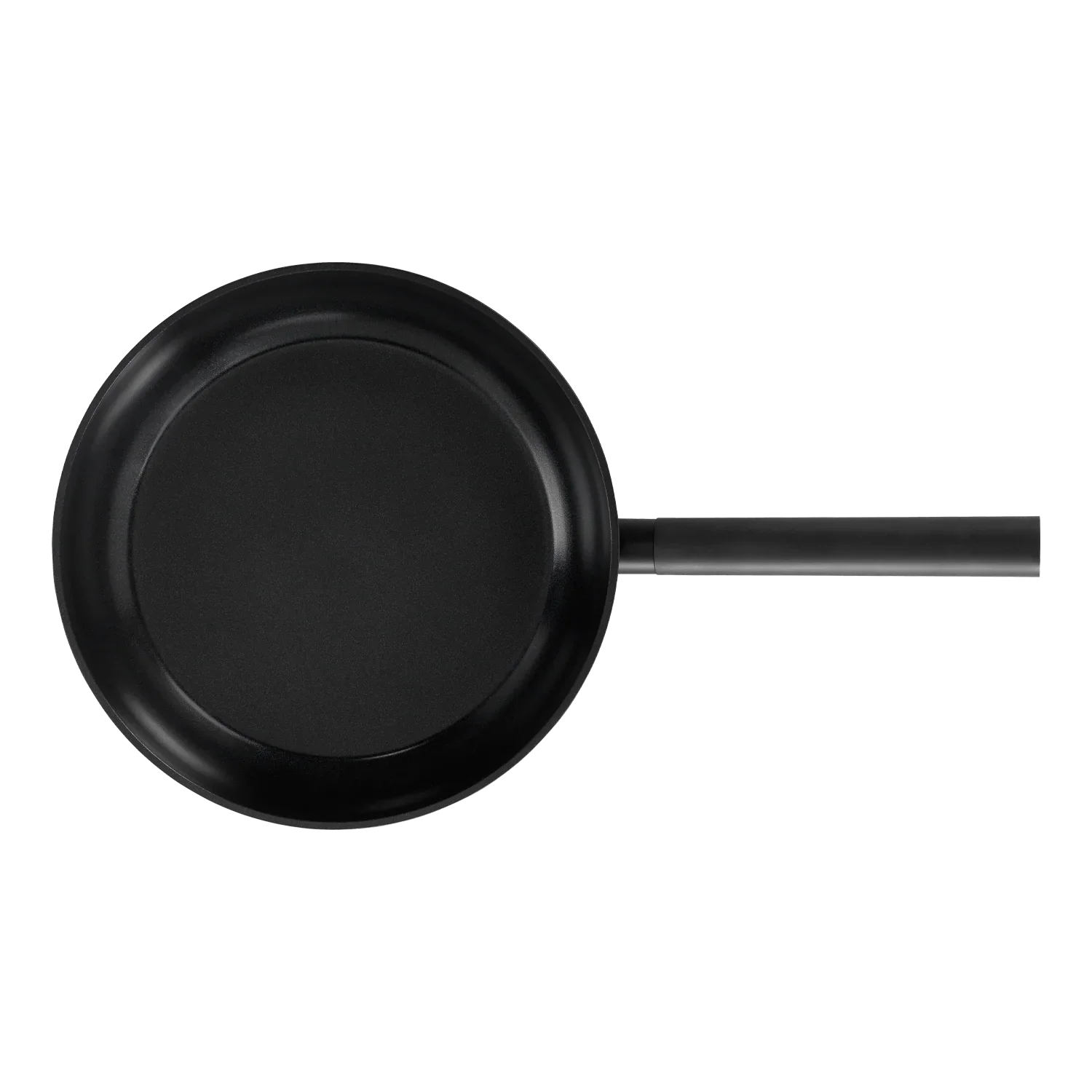 Black non-stick frying pan with handle, top view, ideal for camping cookware