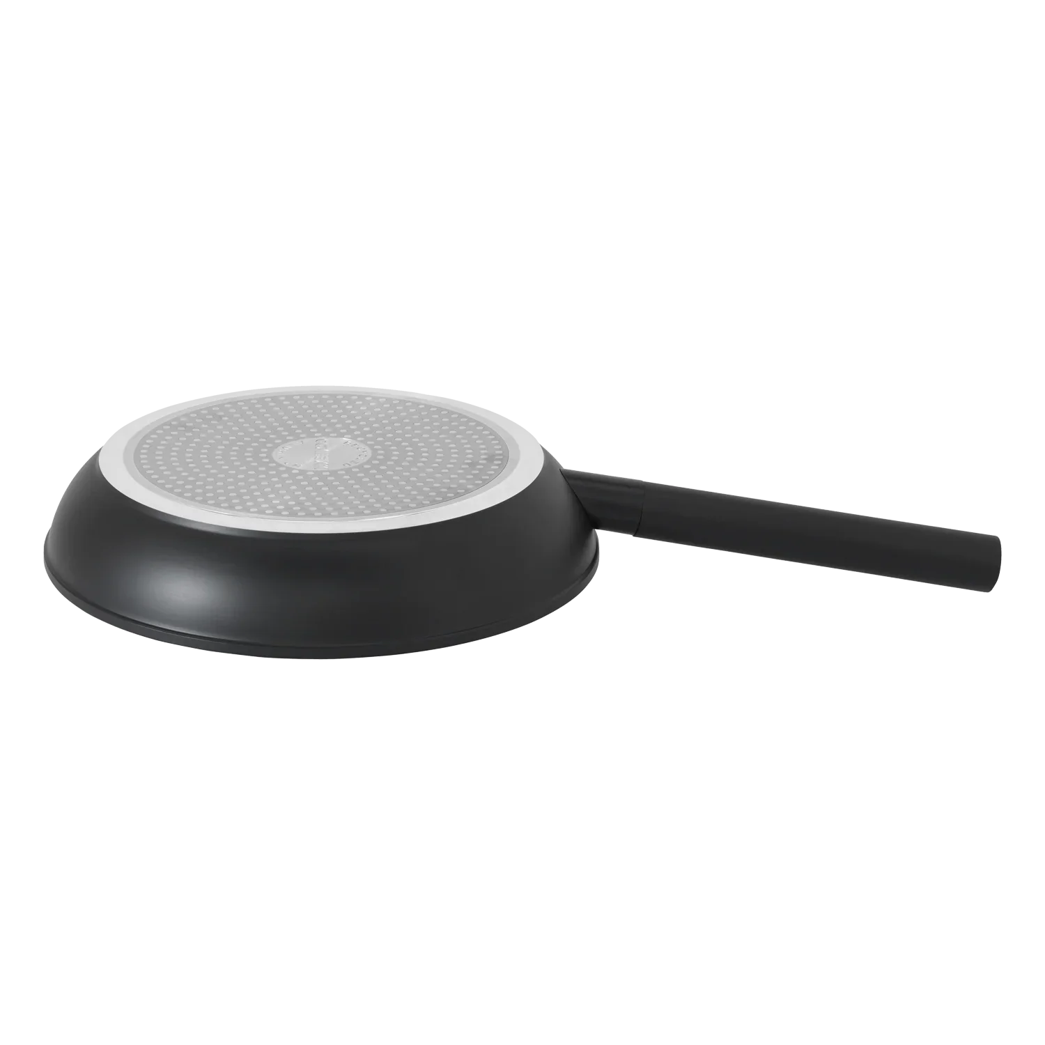 Nonstick frying pan with long handle, shown bottom side up on white background