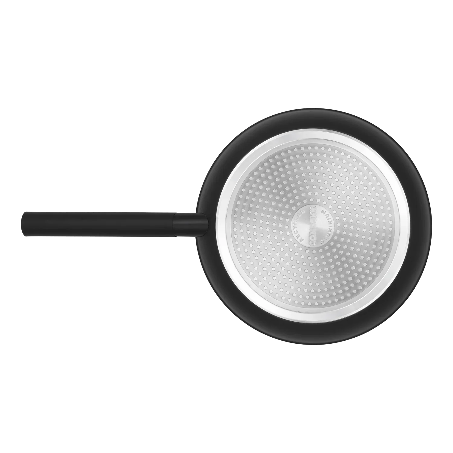 Non-stick frying pan with black handle, stainless steel bottom, top view