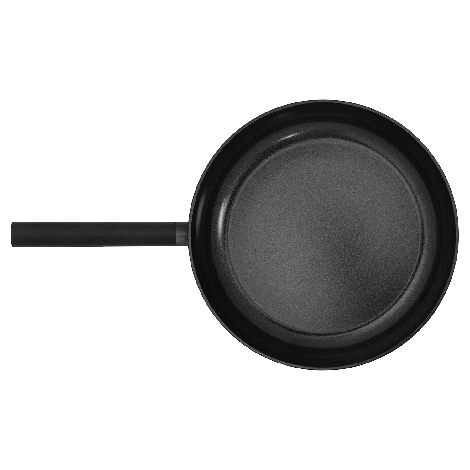 Top view of a black non-stick frying pan with handle, camping cookware