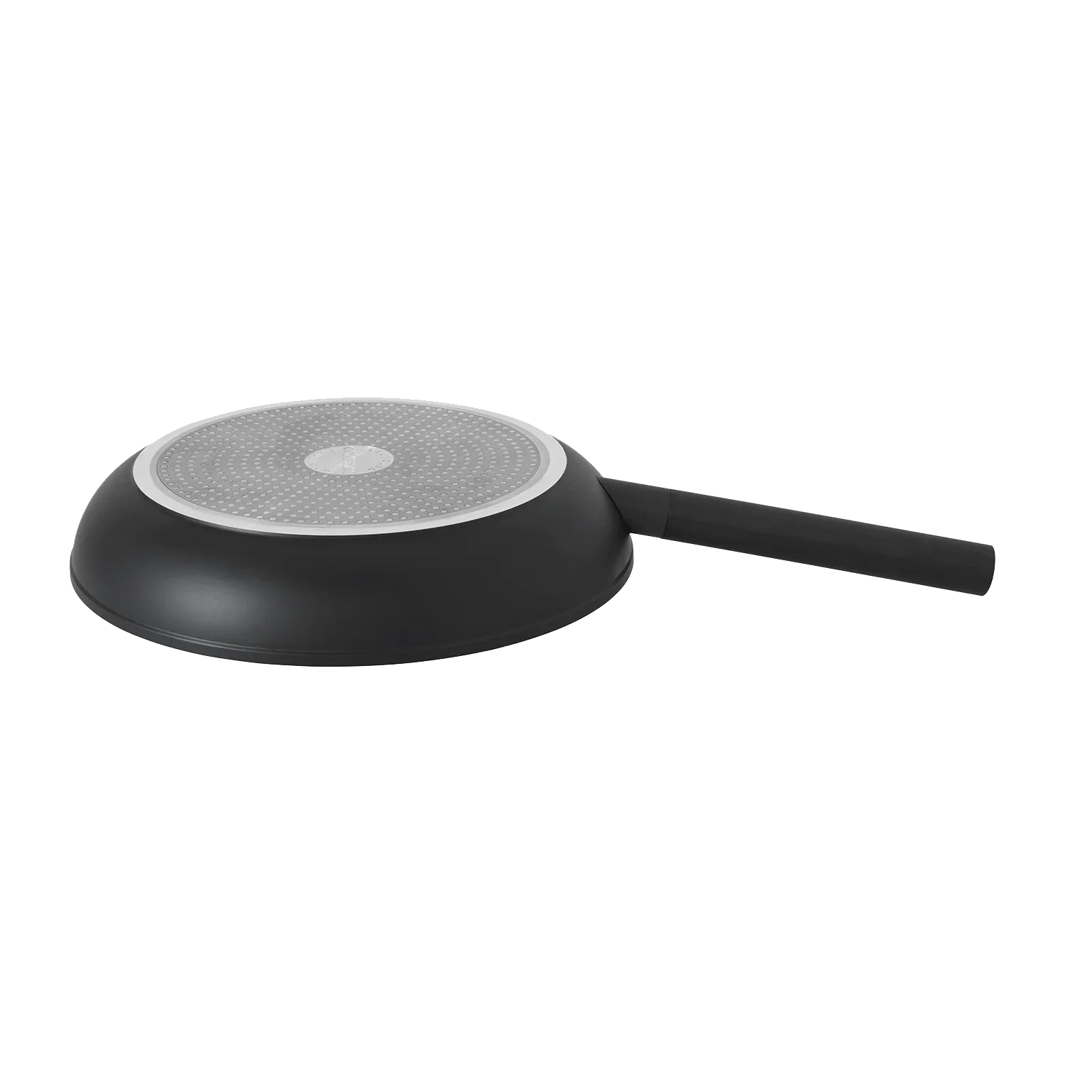 Non-stick black frying pan with long handle, shown bottom side up on white background