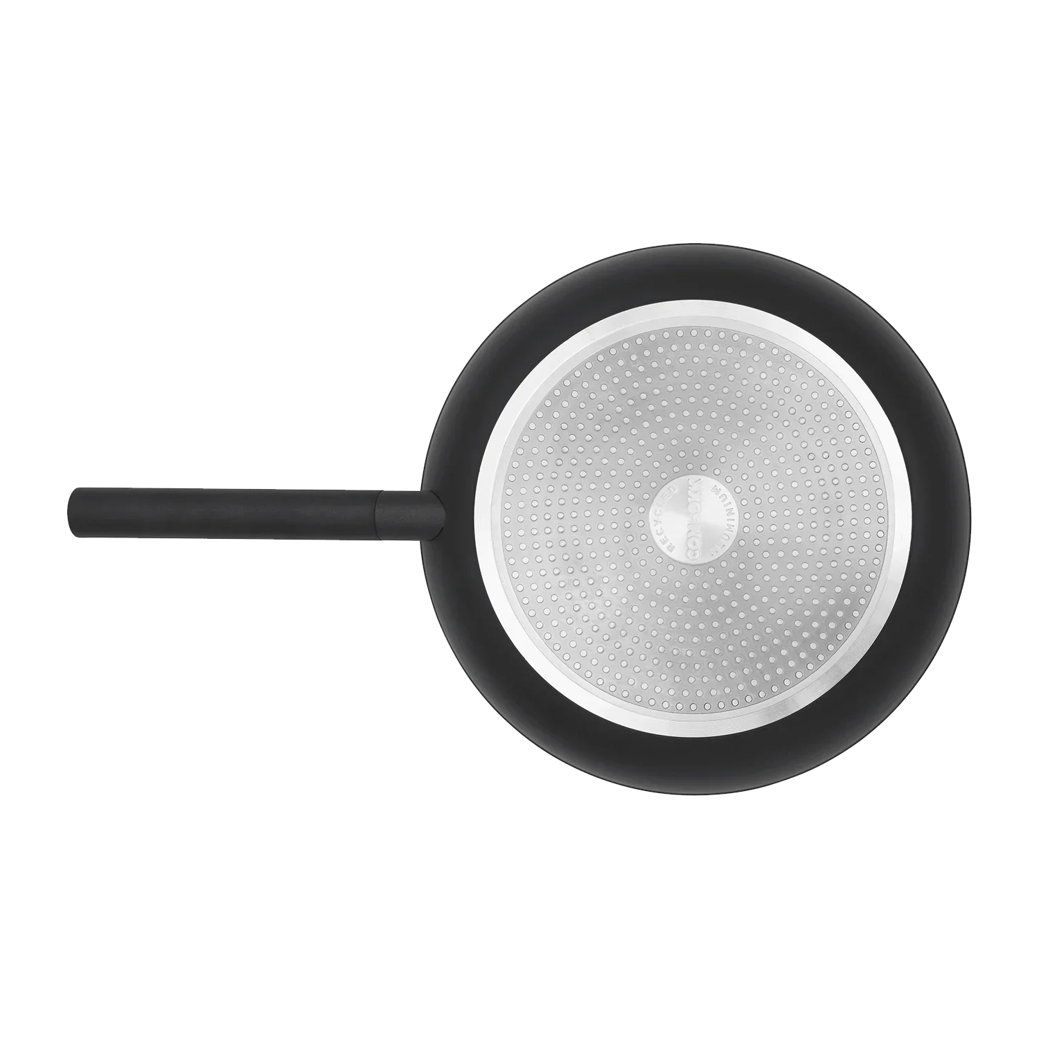 Non-stick frying pan with black handle, viewed from above, outdoor camping cookware