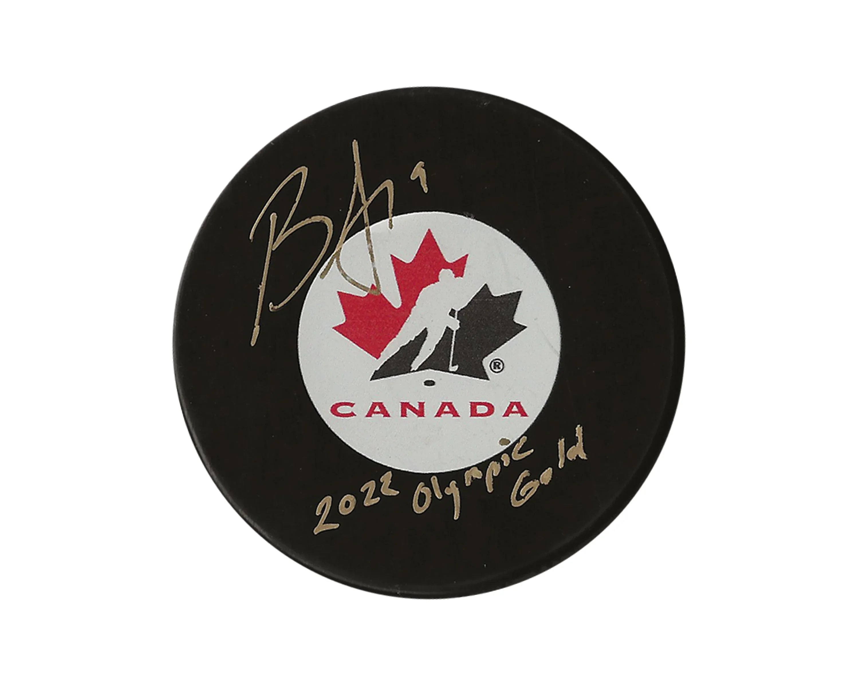 Autographed Team Canada hockey puck with maple leaf logo and '2022 Olympic Gold' inscription