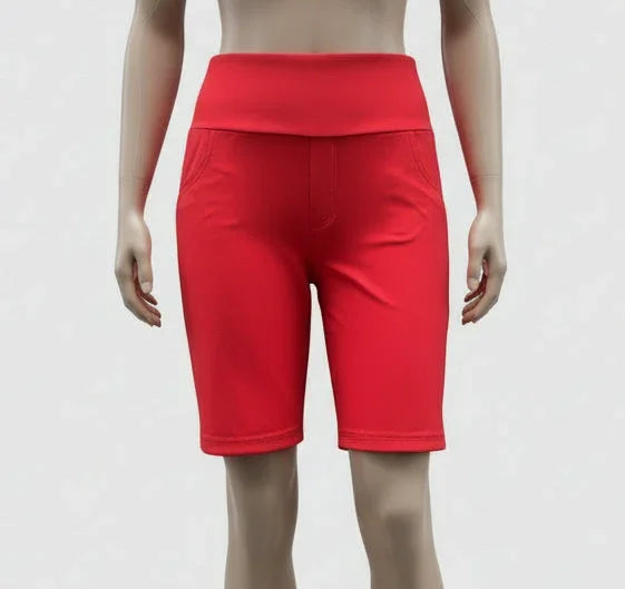 Red high-waisted women's outdoor shorts with pockets displayed on mannequin