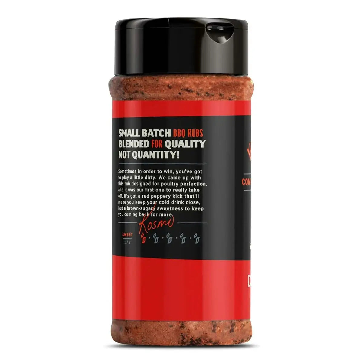 Small batch BBQ rub seasoning in a black and red spice bottle for grilling and barbecue.