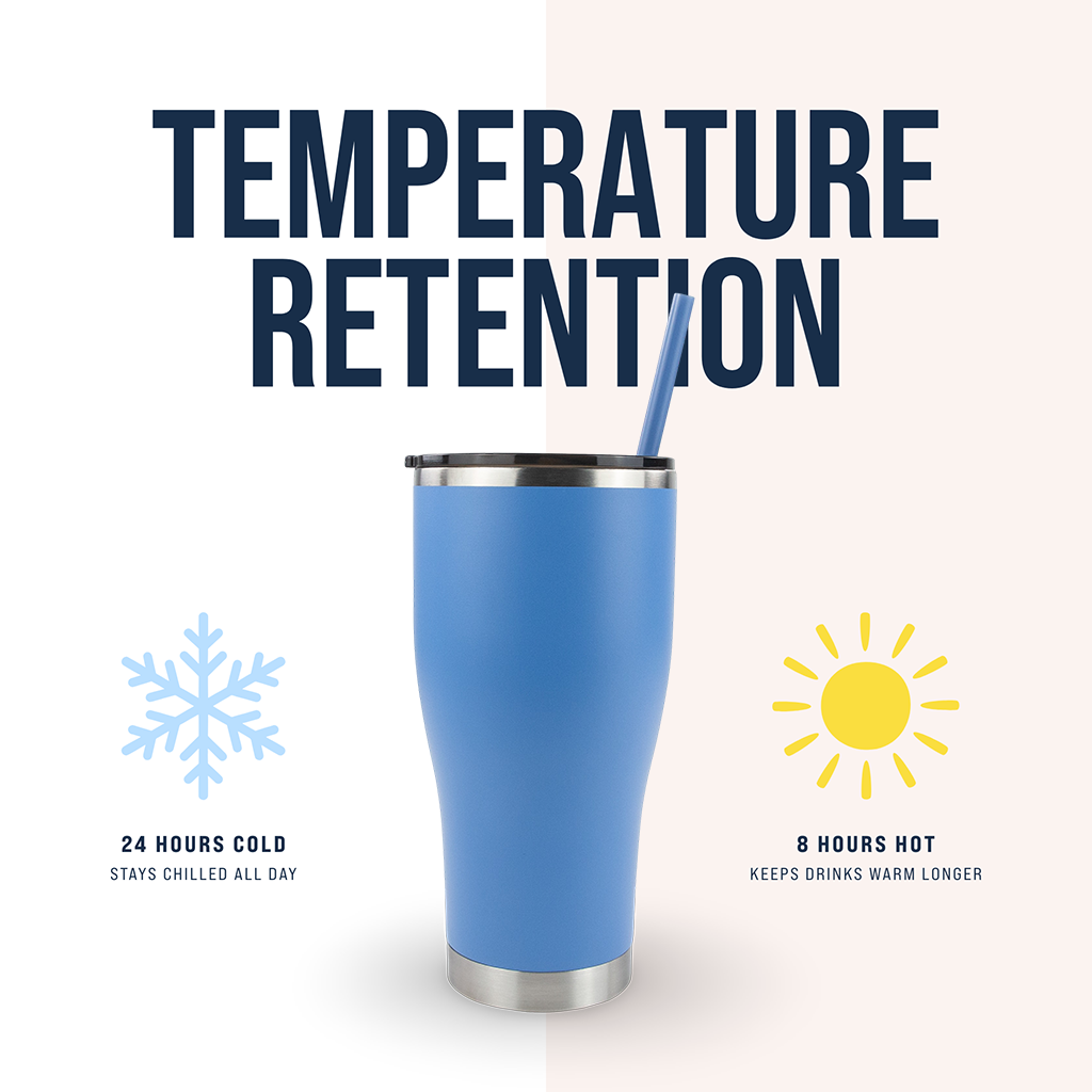 Blue insulated tumbler with straw, showing 24 hours cold and 8 hours hot temperature retention.
