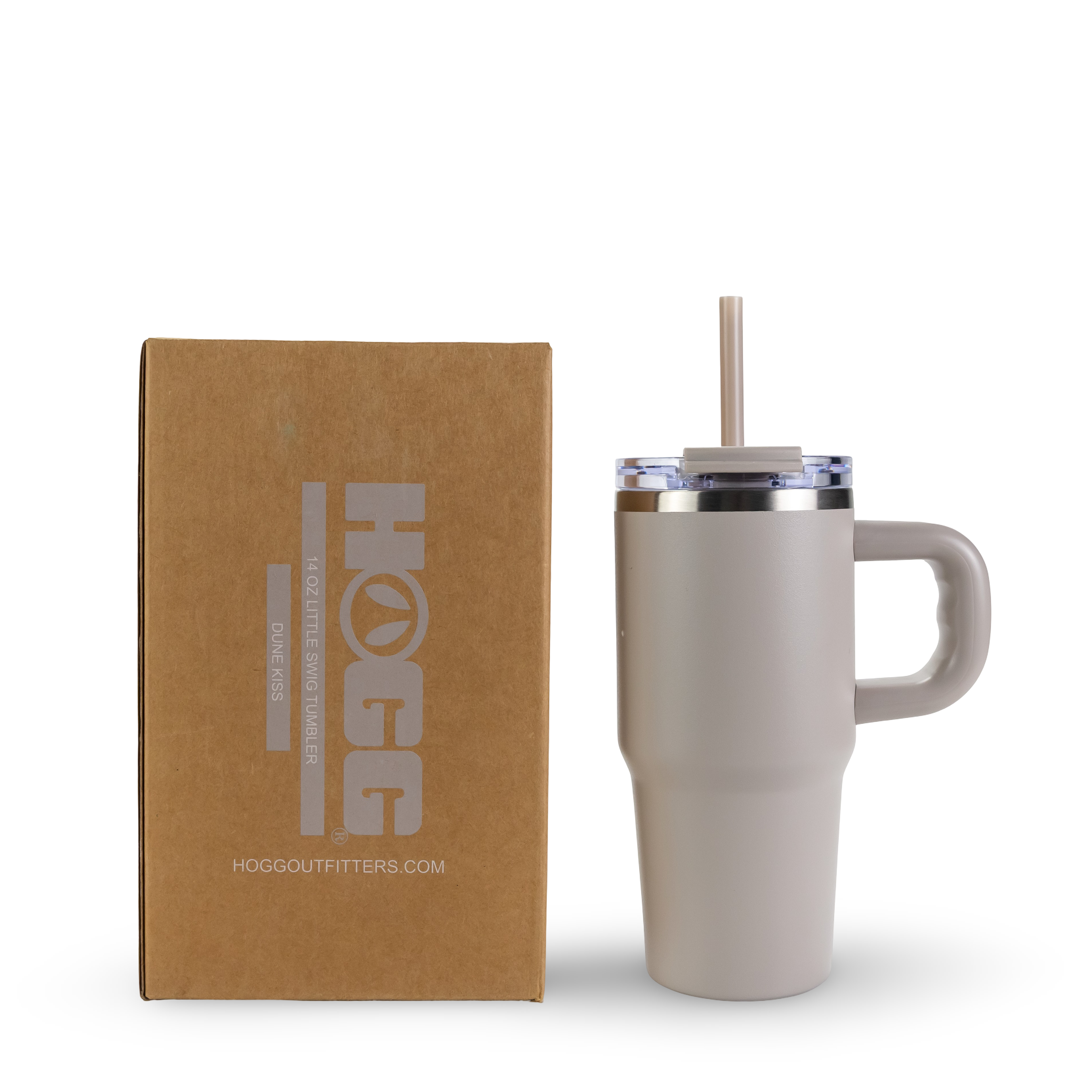 Beige insulated travel tumbler with handle, straw, and branded box for outdoor use